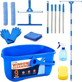 ALOTIKI 9Pcs Window Cleaning Kit with 3 Gal Cleaning Bucket & 81" Squeegee | Professional Window Washing Kit with Extension Pole, Squeegee and Scrubber, Window Cleaner Tool for Shower Glass & Commercial