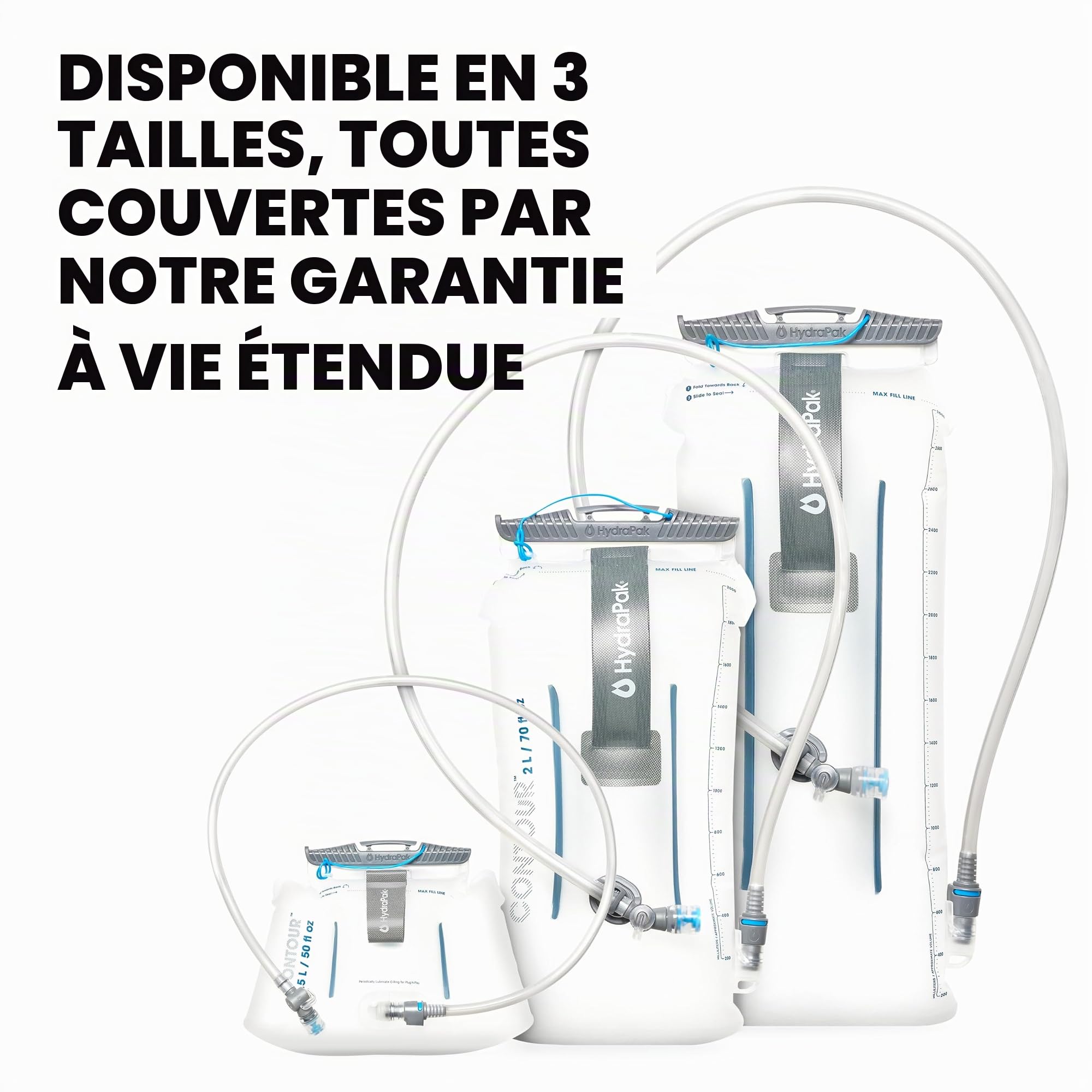 Réservoir d'eau HydraPak (1,5 L, 2 L, 3 L) - Poche à Eau Compatible avec la Plupart des Sacs à Dos – Valve à débit élevé, étanche, résistante et Lavable au Lave-Vaisselle