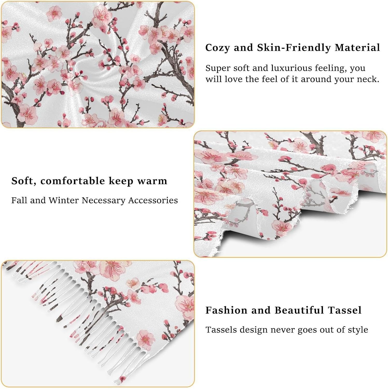 Winter Scarf for Women Winter Plum Blossoms on Branches Fashion Tassel Shawl Wraps for Women, Cold Weather Warm Womens Scarves Soft Long Scarf Gifts