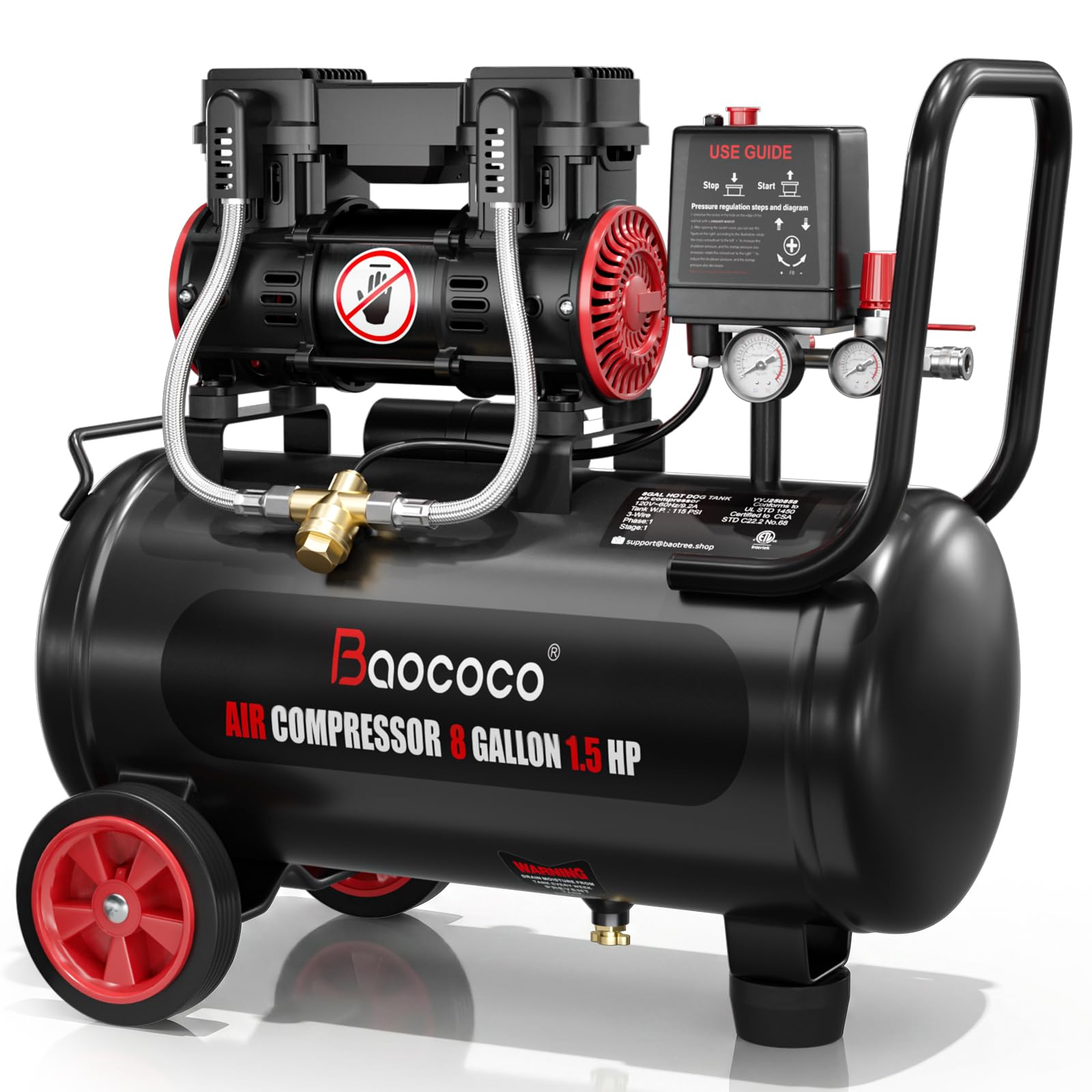 8 Gallon Ultra Quiet Air Compressor with Two Quick Couplers