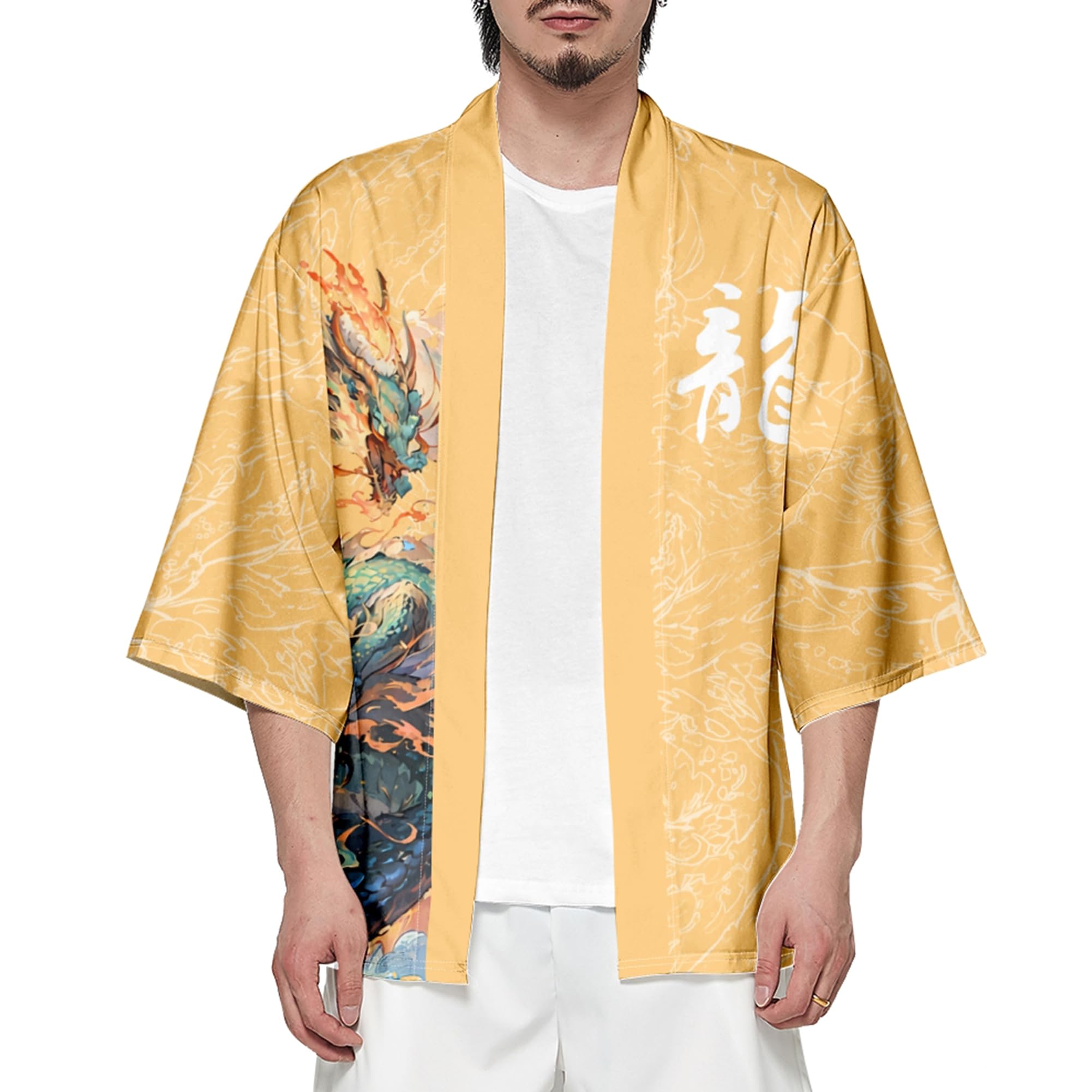 DOSLAVIDA Ensemble de veste kimono japonaise pour hommes, veste élégante ouverte sur le devant avec short, cardigan imprimé de style chinois