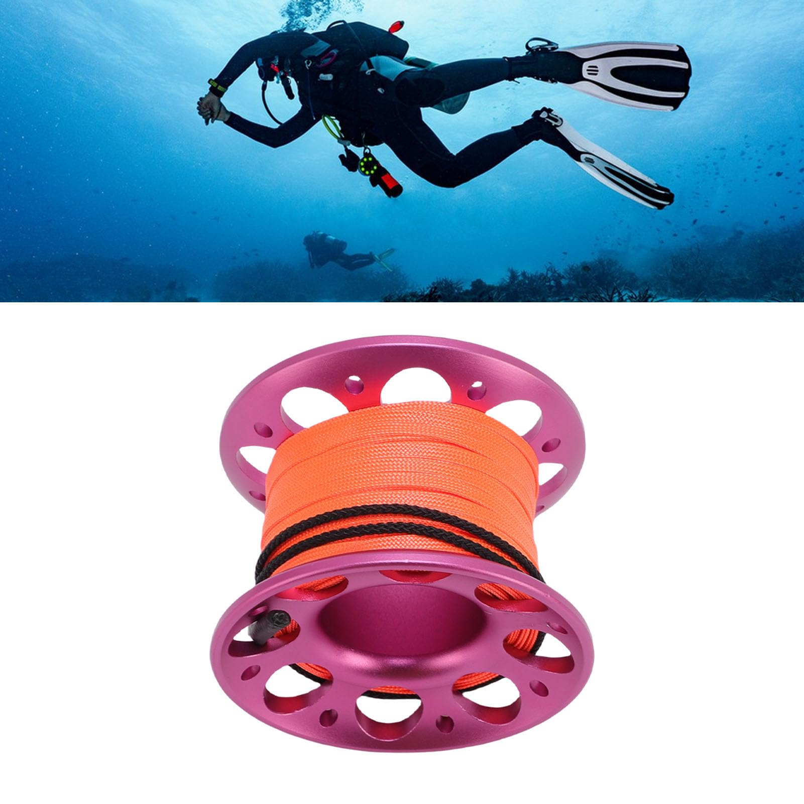 Fabater Dévidoir de plongée sous-Marine, Bobine en Alliage d'aluminium pour épaves et grottes, avec Fil Haute visibilité de 15 m et Mousqueton à Double extrémité, pour Les activités (Rose Rouge)