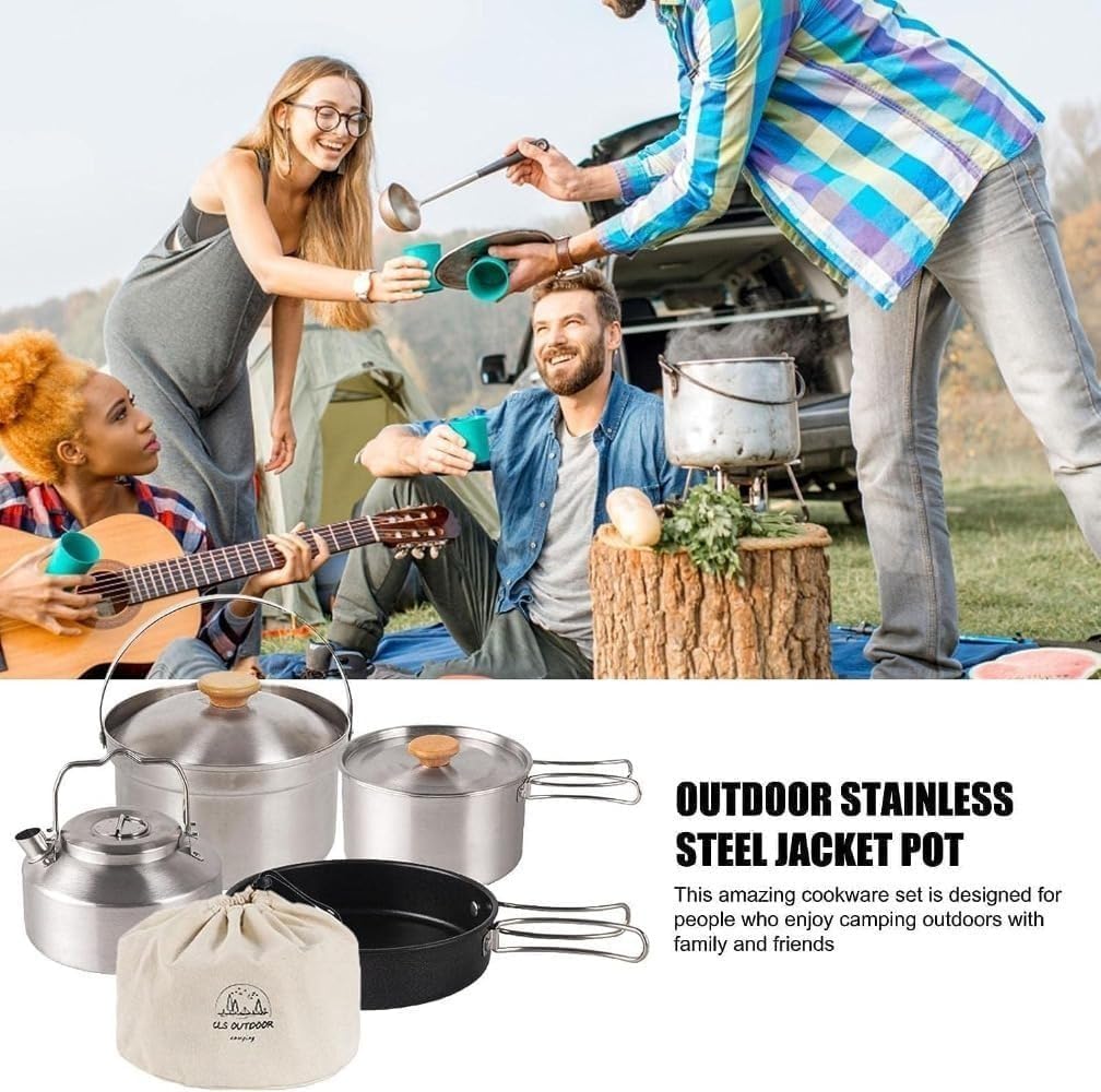 焦げ付き防止&amp;折り畳みハンドルでアウトドア料理が楽々。軽量ステンレス調理セット、ネスト式で収納コンパクト。キャンプから防災備