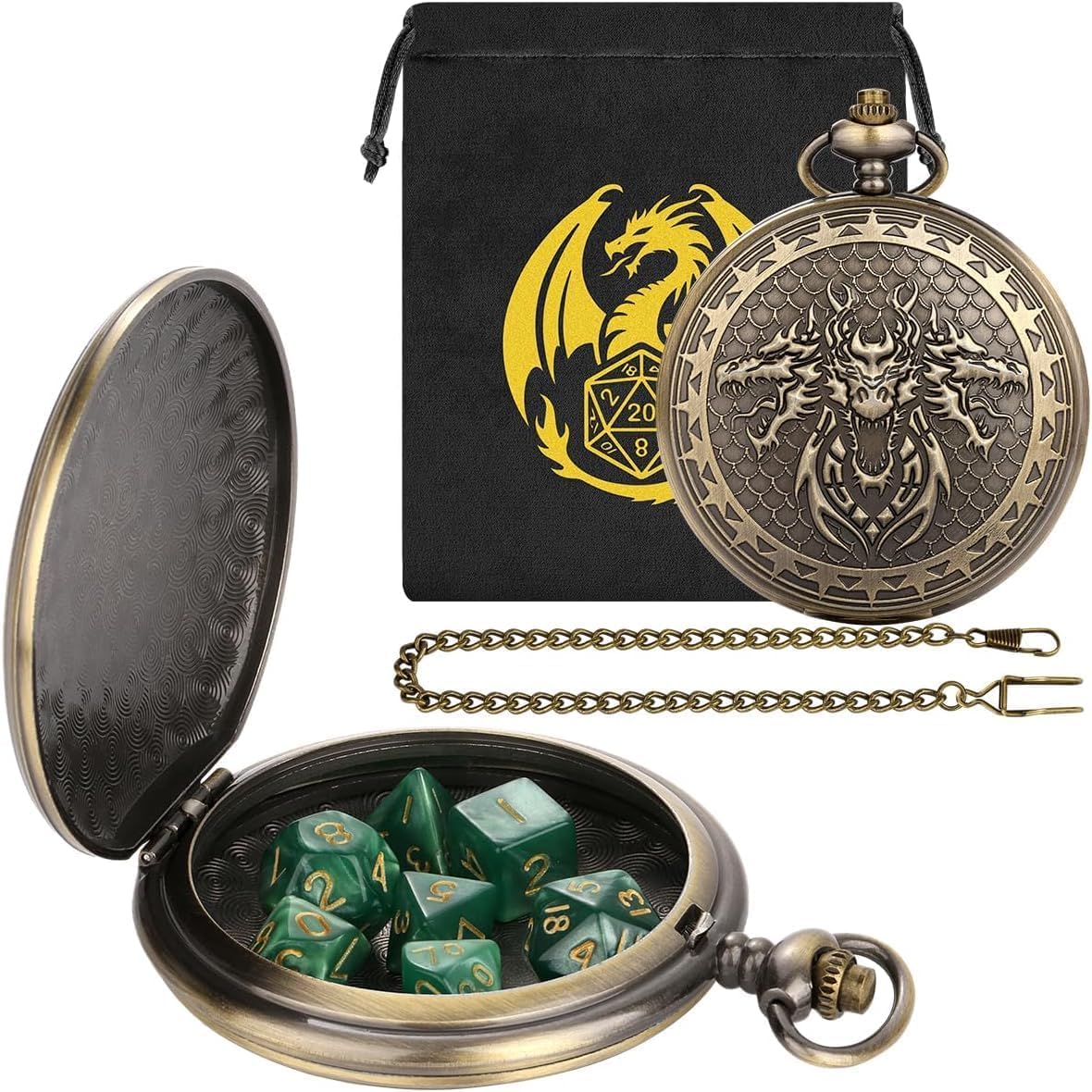 DND 3 Dragon Heads Pocket Watch Case, Mini Dice Set, 7pcs Polyhedral Acrylic Dice, Fantasy Game Set, D&D Starter Set