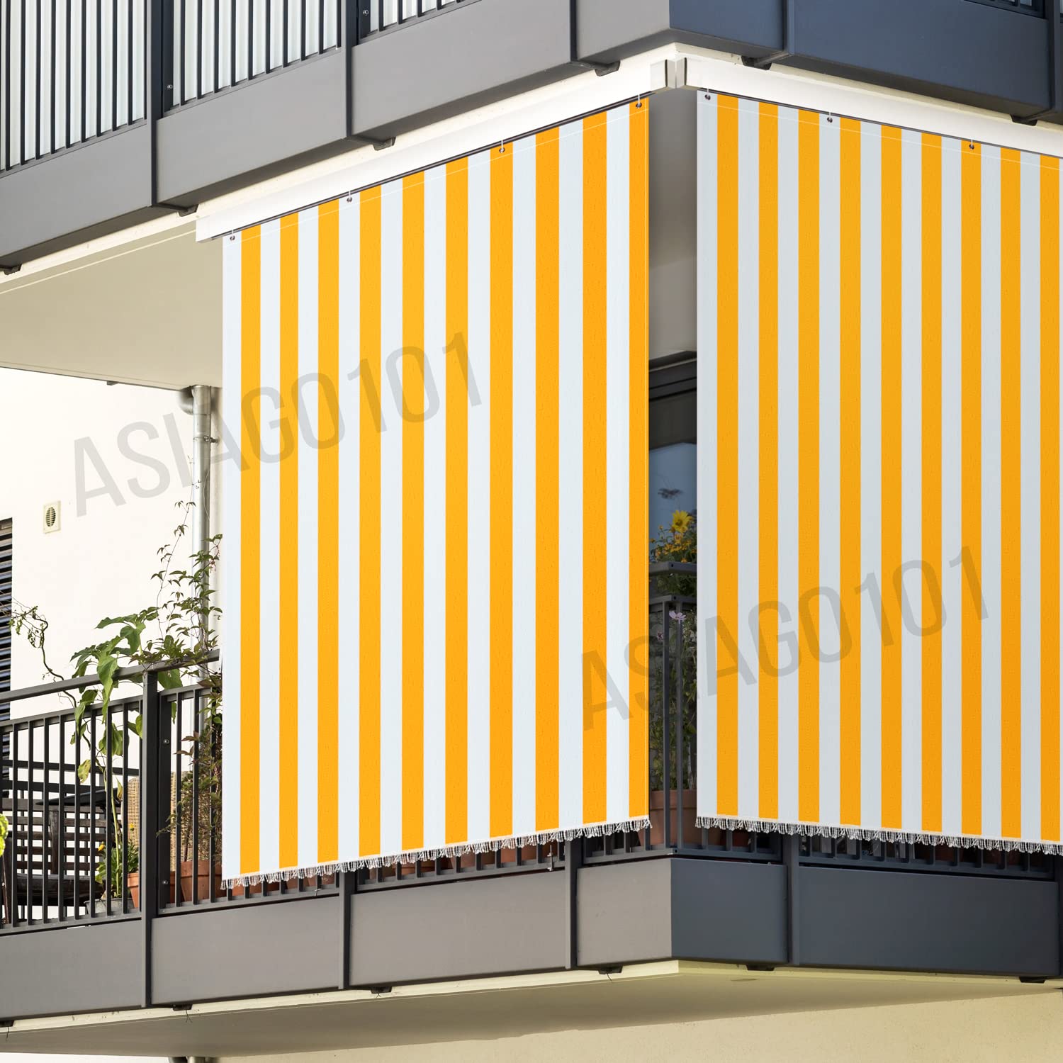 Rideau de soleil ombrage maison à rayures pour balcon véranda terrasse avec anneaux et crochets tissu résistant indéchirable pour extérieur porte fenêtre jardin gazebo 150x250 cm couleur orange blanc