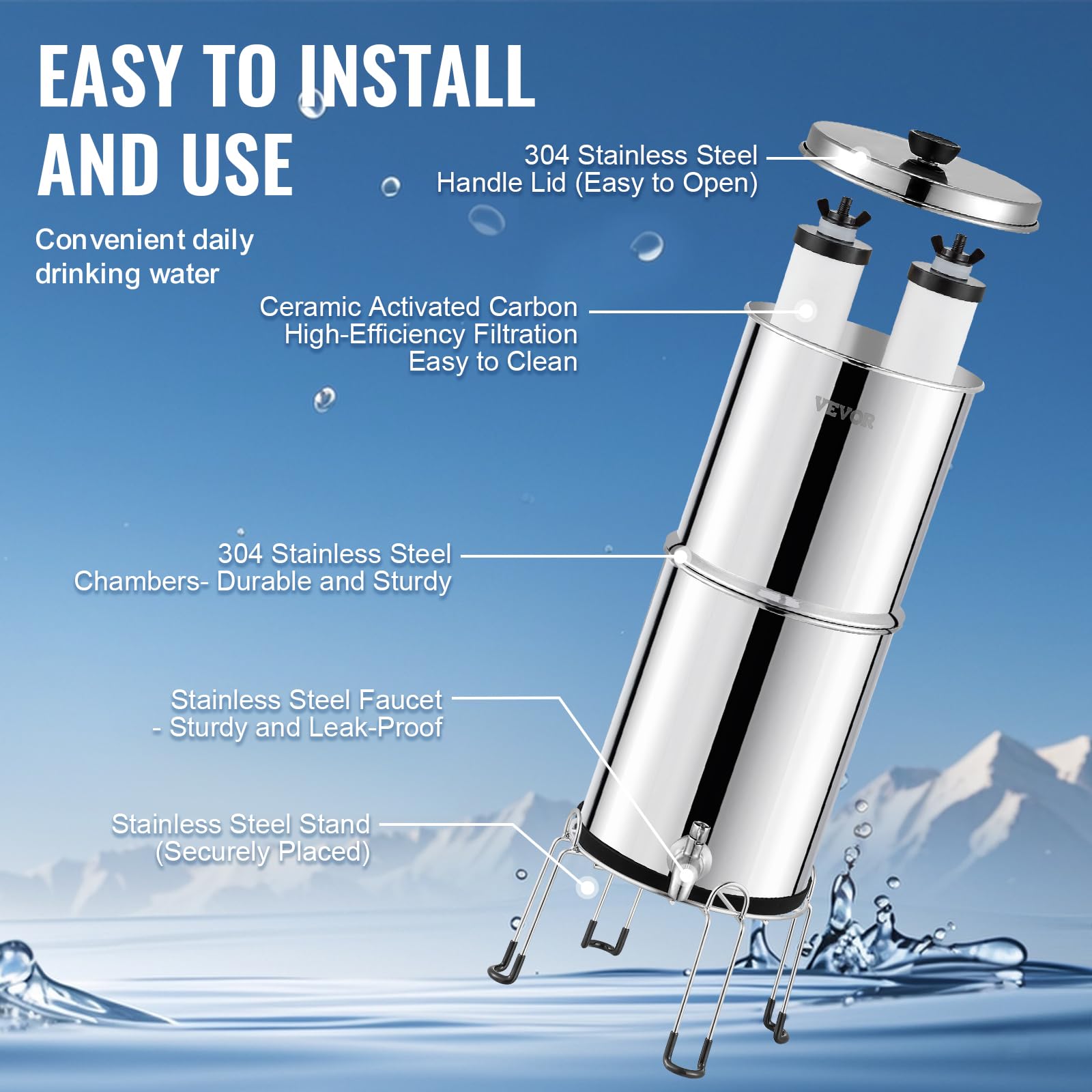 VEVOR System filtracji wody grawitacyjnej, system filtracji wody na blacie ze stali nierdzewnej 2,25G 304, redukuje ołów i do 99% chloru, z 2 ceramicznymi filtrami węglowymi, czopem i stojakiem