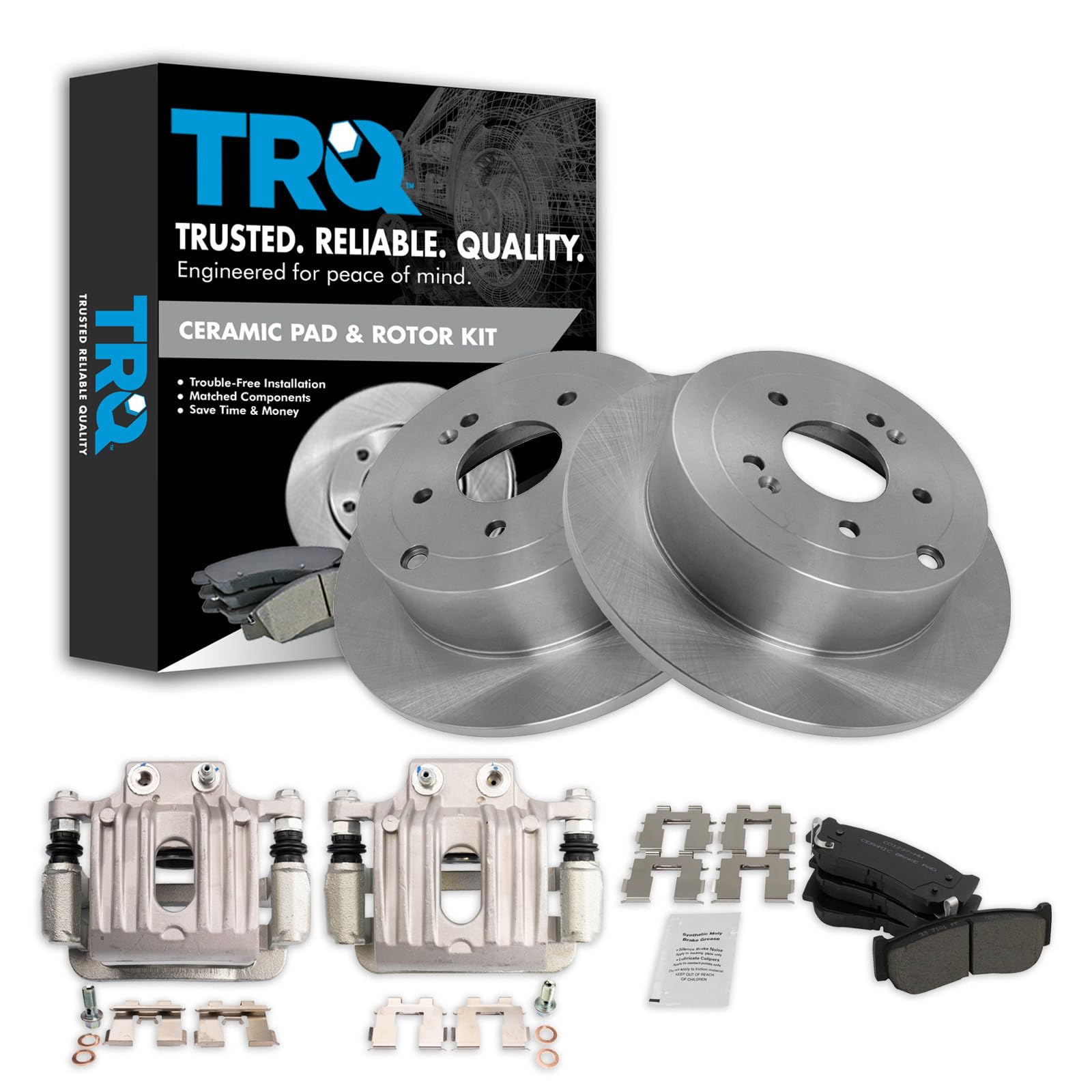 TRQ Rear Brake Pad and Rotor Set Ceramic Solid Rotors Calipers