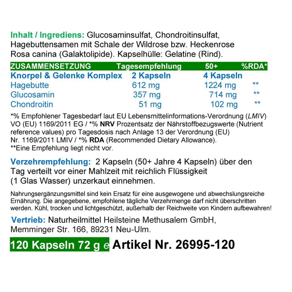 KNORPEL & GELENKE - Glucosamin + Chondroitin + Hagebutte KOMPLEX - 360 (3x120) KAPSELN Gelenkbausteine UND natürliche GELENKVITAMINE ohne ZUSATZSTOFFE. 26995-3