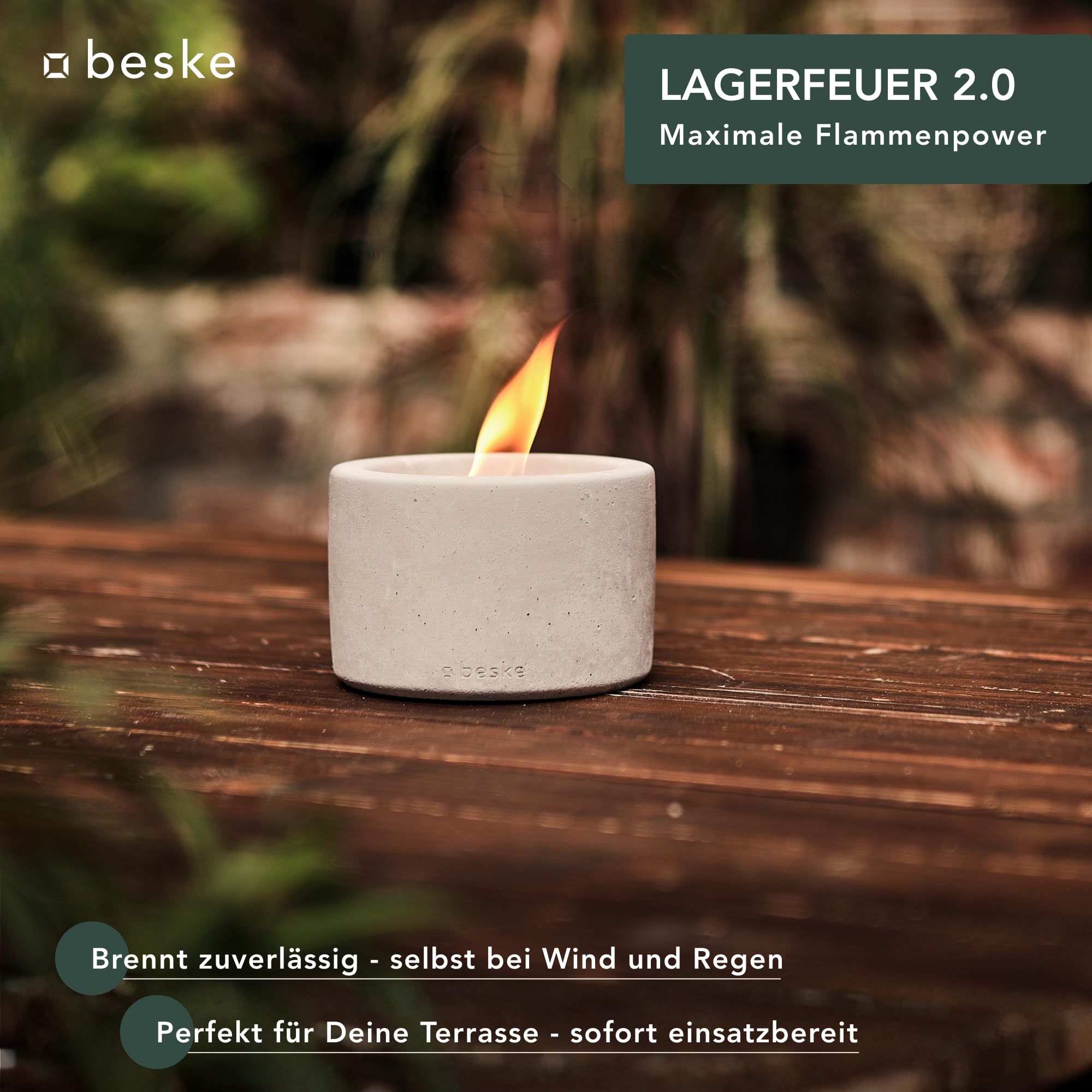 Betonfeuer® - Das Original der Beske-Manufaktur | Modell 'Solo' Ø14cm mit Dauerdocht | Unendliche Brenndauer | Premium Handarbeit aus Deutschland (Ohne Nachfüllwachs, Löschbrett aus Holz)
