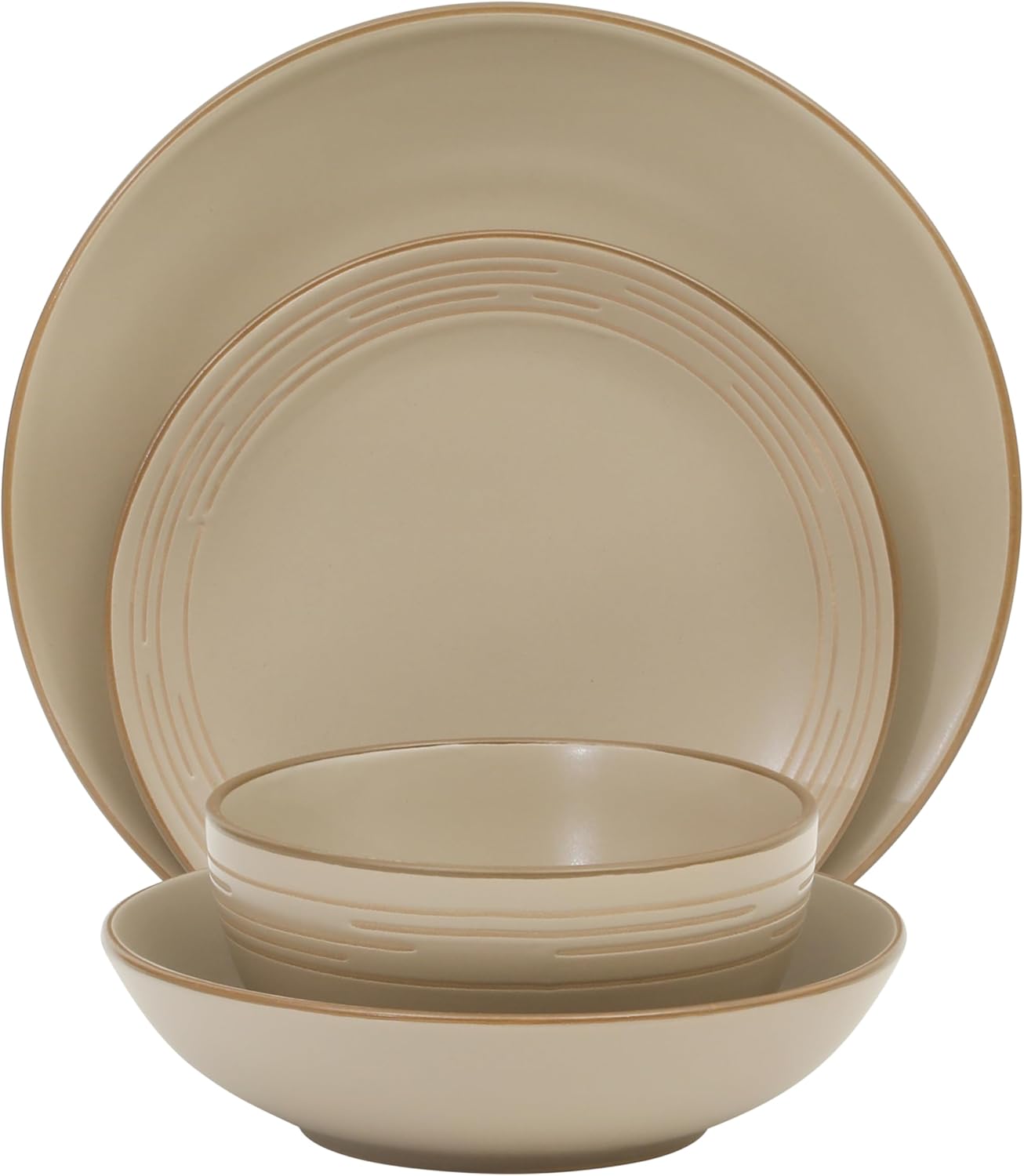 Gibson Home Chiswick House 16-Piece Stoneware Dinnerware Set, Round Plates and Bowls Set for 4, Beige with Wax Relief Embossed Rim Detail, Dishwasher Safe – Dinner Plate, Salad Plate & Cereal Bowl