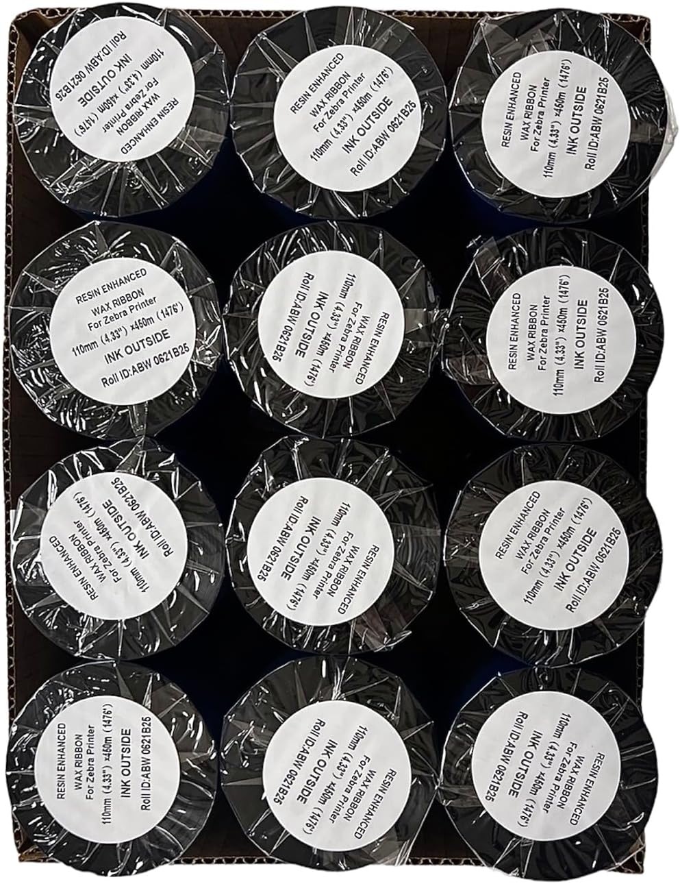 Thermal Transfer Printer Ribbon Roll – Bulk Black Standard Resin-Enhanced Wax Ribbons (4.33" x 1181'/110mm x 360m) – Compatible with Datamax Printers & More (24 Rolls)