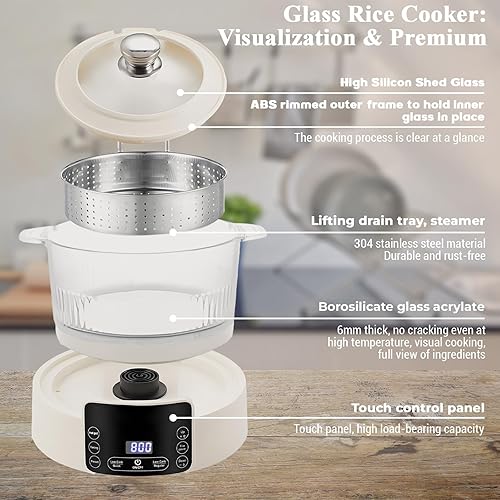 Miniatura 4 de Olla arrocera baja en carbohidratos con tiempo reservable, baja en azúcar, multifuncional, 3L y 2 tazas para eliminar almidón, olla de vidrio para