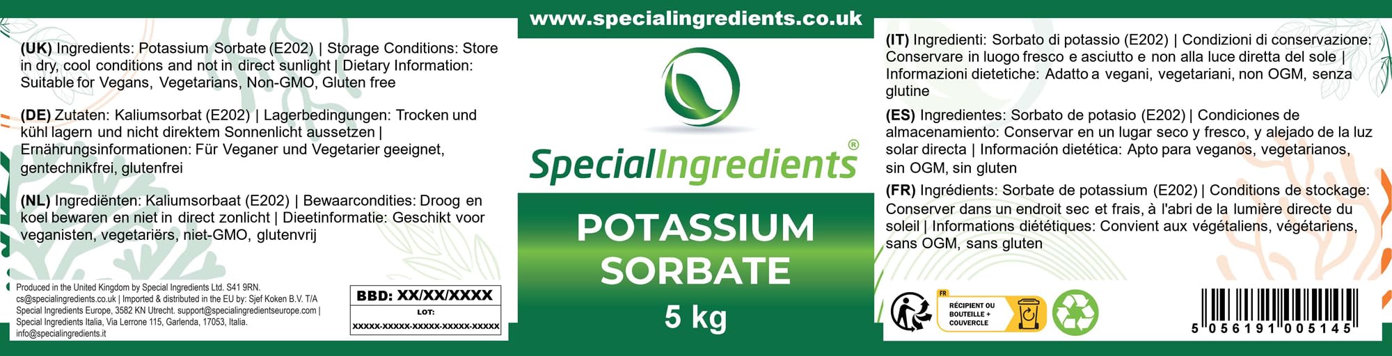 Special Ingredients Sorbate de potassium (inhibiteur de moisissures) de 5 kg de qualité supérieure, sans OGM, sans gluten - Récipient recyclable