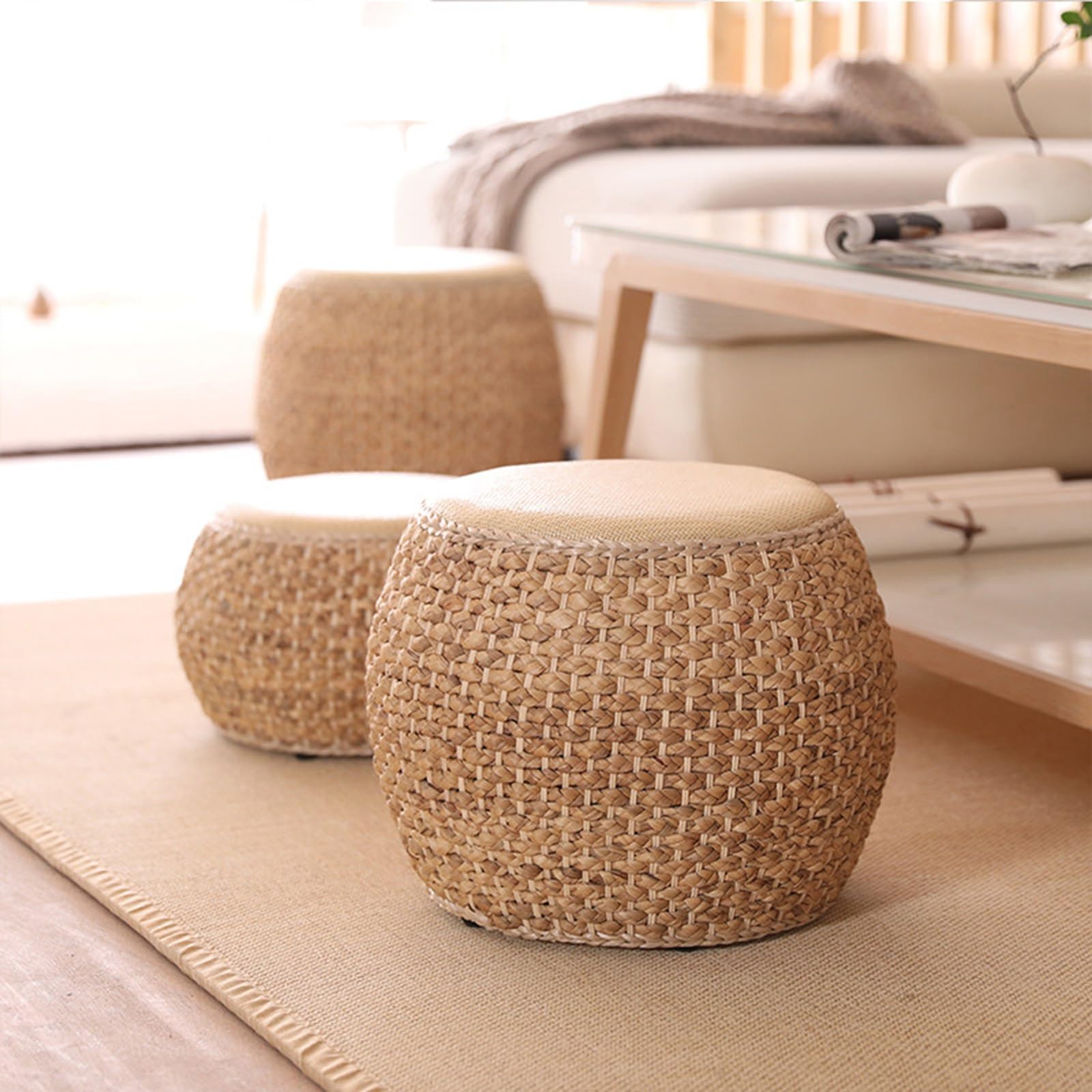 Tabouret Tambour Osier Pouf Rotin Repose-pieds Rond Fait Main Dessus Bambou