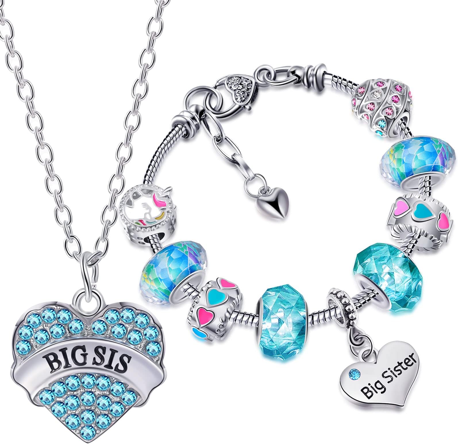 YaomiaoBig Sister Gifts Charm Bracelet Big Sis Shiny Crystal Charm Bracelet Bangle Jewelry and Heart Big Sister Necklace for Women Girls Sister Necklace Charm with Unicorn Box Greeting Card