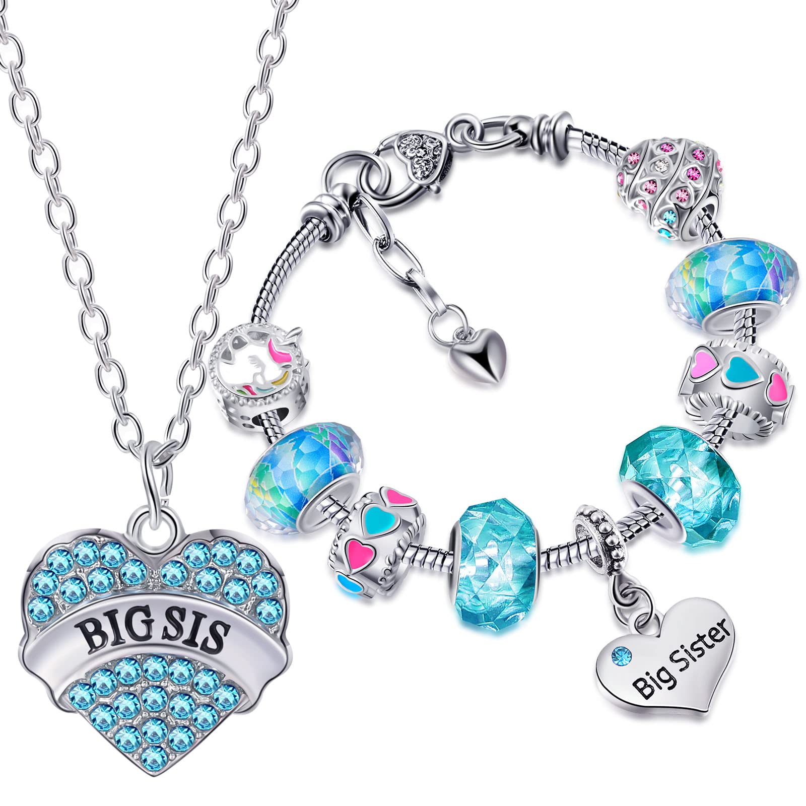 YaomiaoBig Sister Gifts Charm Bracelet Big Sis Shiny Crystal Charm Bracelet Bangle Jewelry and Heart Big Sister Necklace for Women Girls Sister Necklace Charm with Unicorn Box Greeting Card