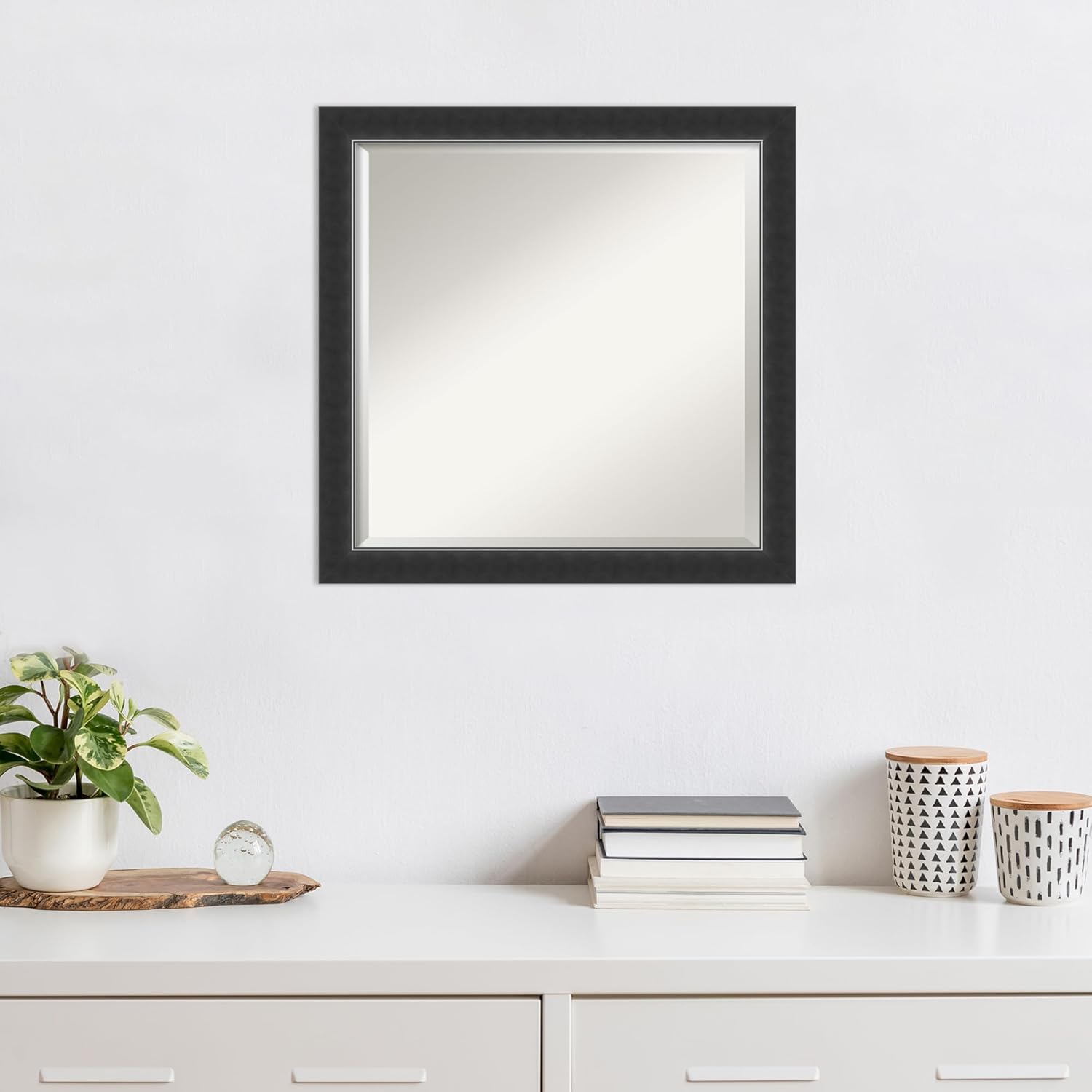 Amanti Art Black Wall Mirror 23x23 Corvino Black Narrow Square Bathroom Mirror for Wall Decor Living Room, Medium Modern Wood Frame, Hangs Horizonally and Vertically, Bathroom Decor, Beveled Edge