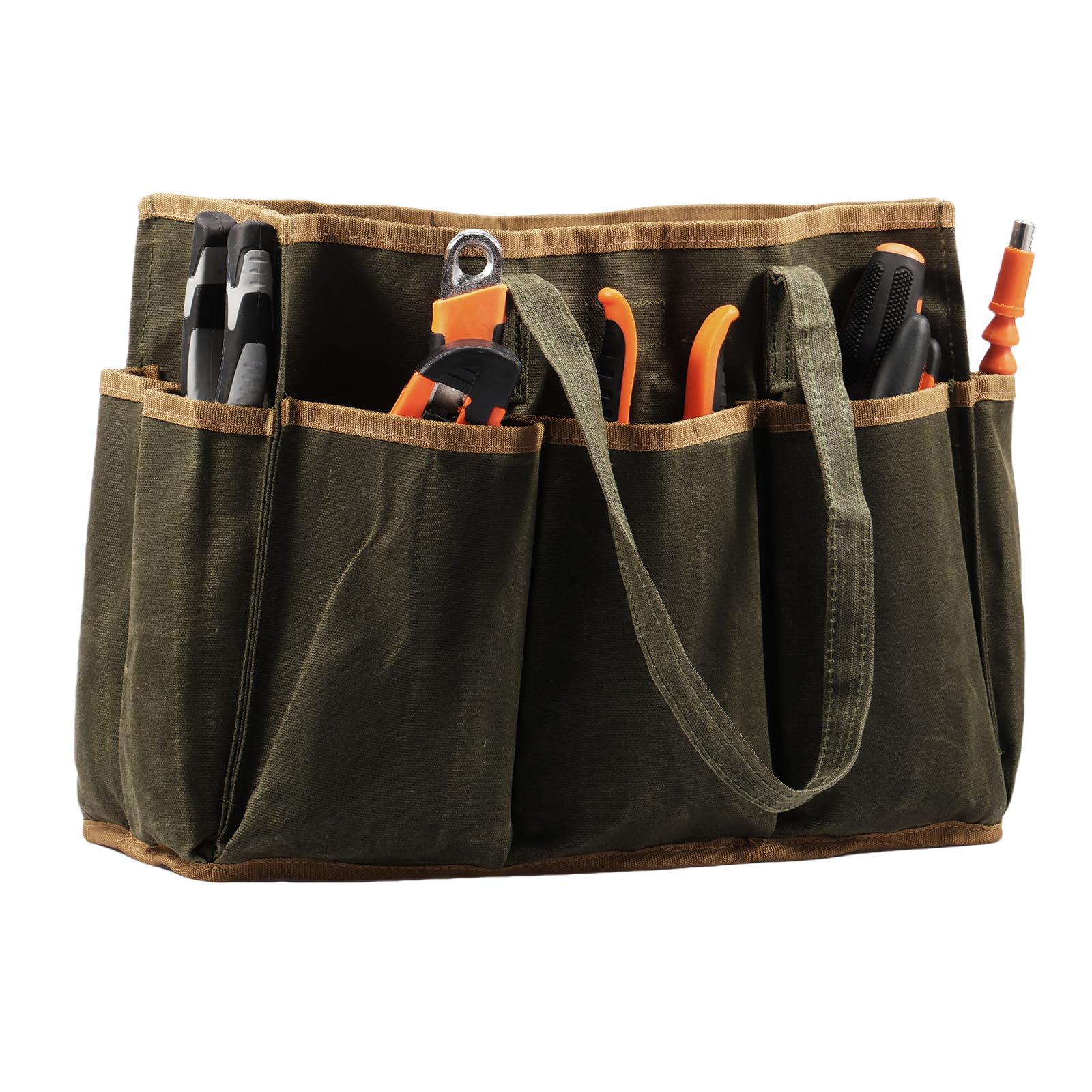 Sutowe Green Tool Tote Bag Heavy Duty Waxed Canvas Garden Tool Bag 36X14x26.5cm 16Oz Waterproof Portable 11 Pockets Gardening Tools Storage Organizer For Gardener Electrician Contractor Repairman(Green)