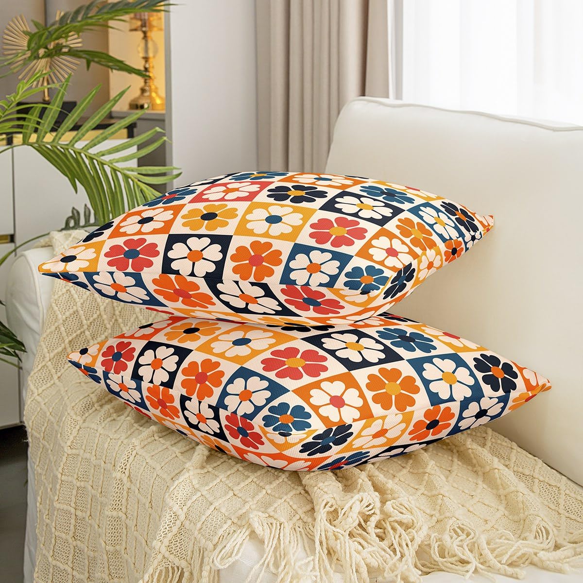 Set di 2 federe per cuscini con stampa floreale e cuori in acquerello, stile retrò, 50