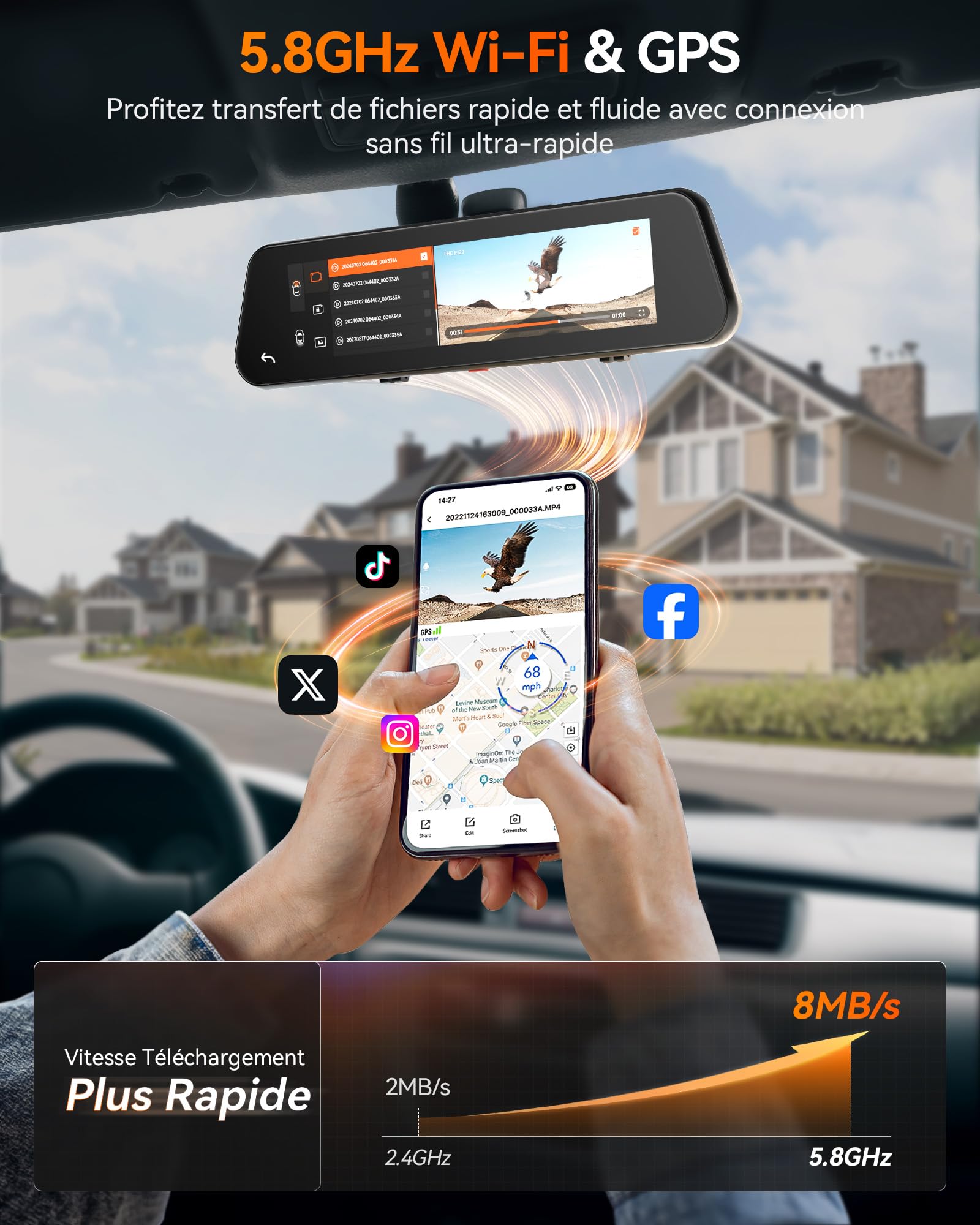 WOLFBOX G900 Pro 12" Dashcam Rétroviseur avec STARVIS 2 IMX678, 4K+2.5K retroviseur Interieur Voiture Camera, 5.8GHz WiFi, Carte 128GB Gratuite, Contrôle Vocal, Capteur G, GPS, Enregistrement Boucle