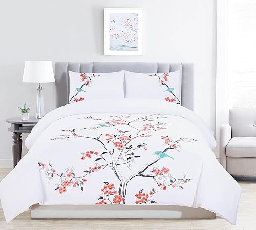 Miniatura 2 de BLUENILEMILLS Cherry Garden - Juego de edredón de algodón de 3 piezas, tamaño matrimonialqueen, color coral