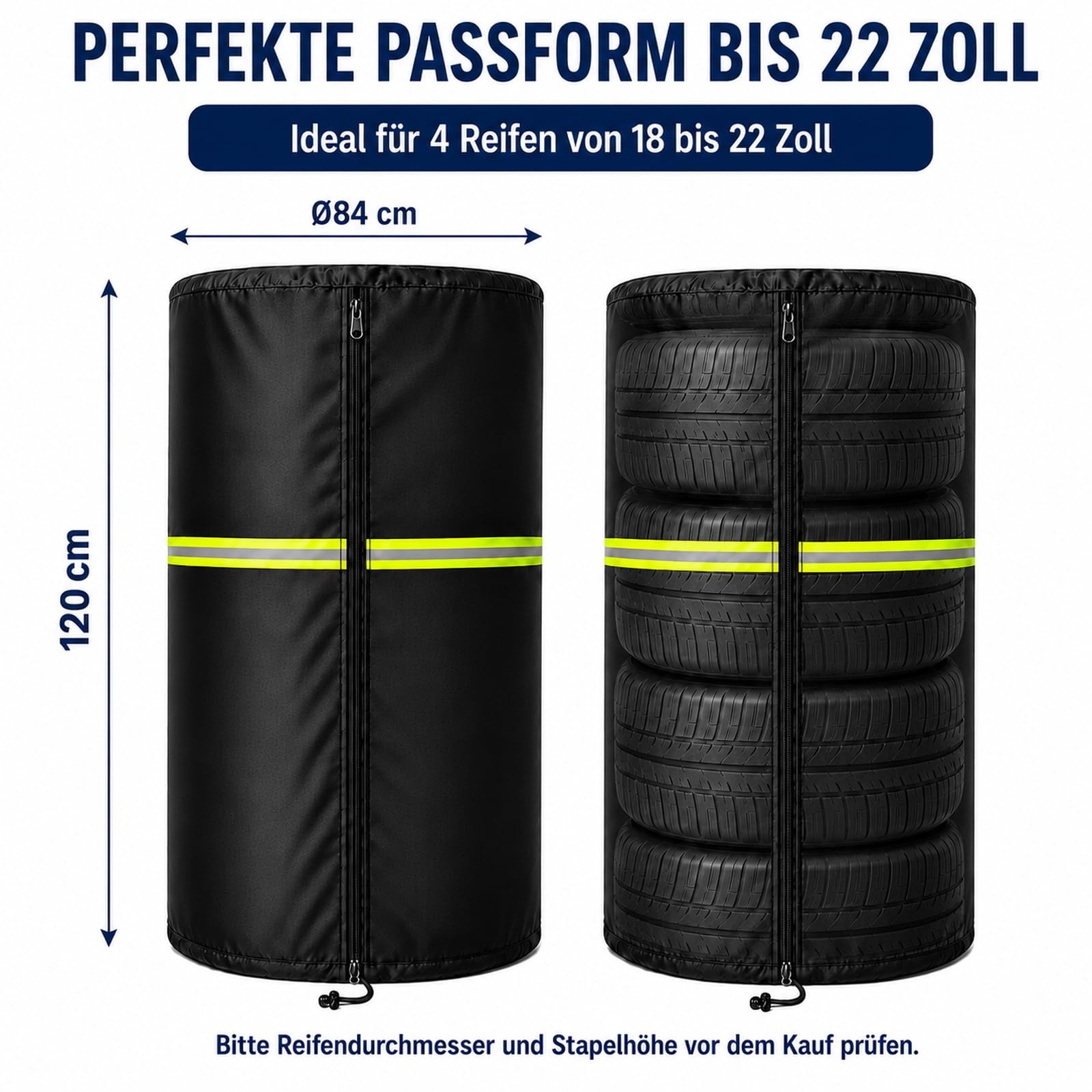 Reifenabdeckung für 4 Reifen Ø84 x H120 cm – 420D Oxford Reifenschutzhülle mit Reißverschluss & Kordelzug, wetterfeste Reifenhülle für Sommer- & Winterreifen, Felgenbaum & Reifenstapel