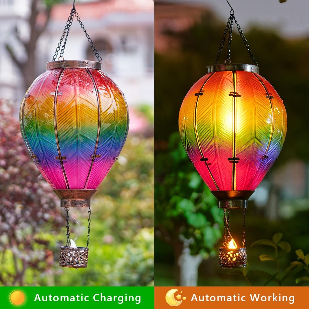 Sunnysolar Solar Hot Air Balloon Lantern with Flame, Large Hanging Solar Lantern Waterproof, Hot Air Balloon Decorations for Garden Yard
