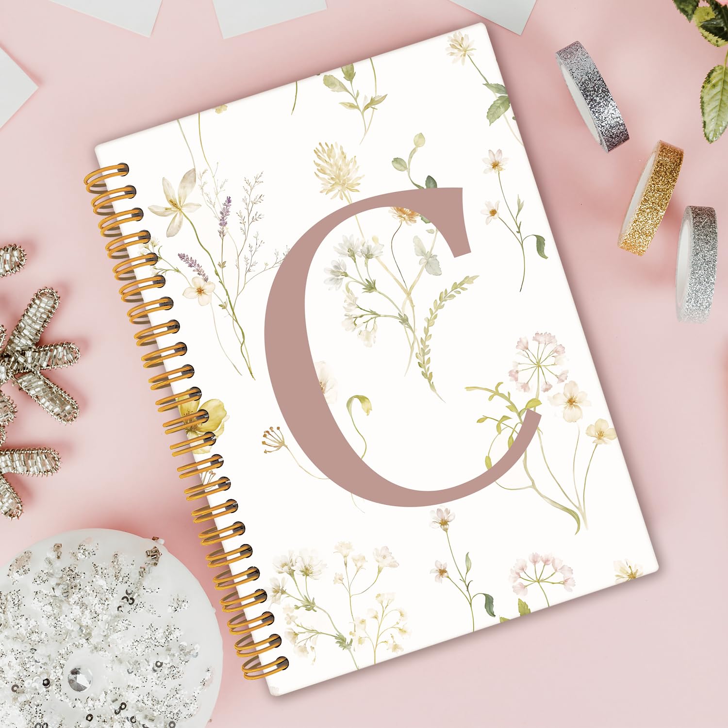 Diario con lettera C iniziale, regalo con monogramma per donne, diario per ragazze adolescenti, carino diario floreale personalizzato per donne, quaderno a spirale con copertina rigida, 5,5 x