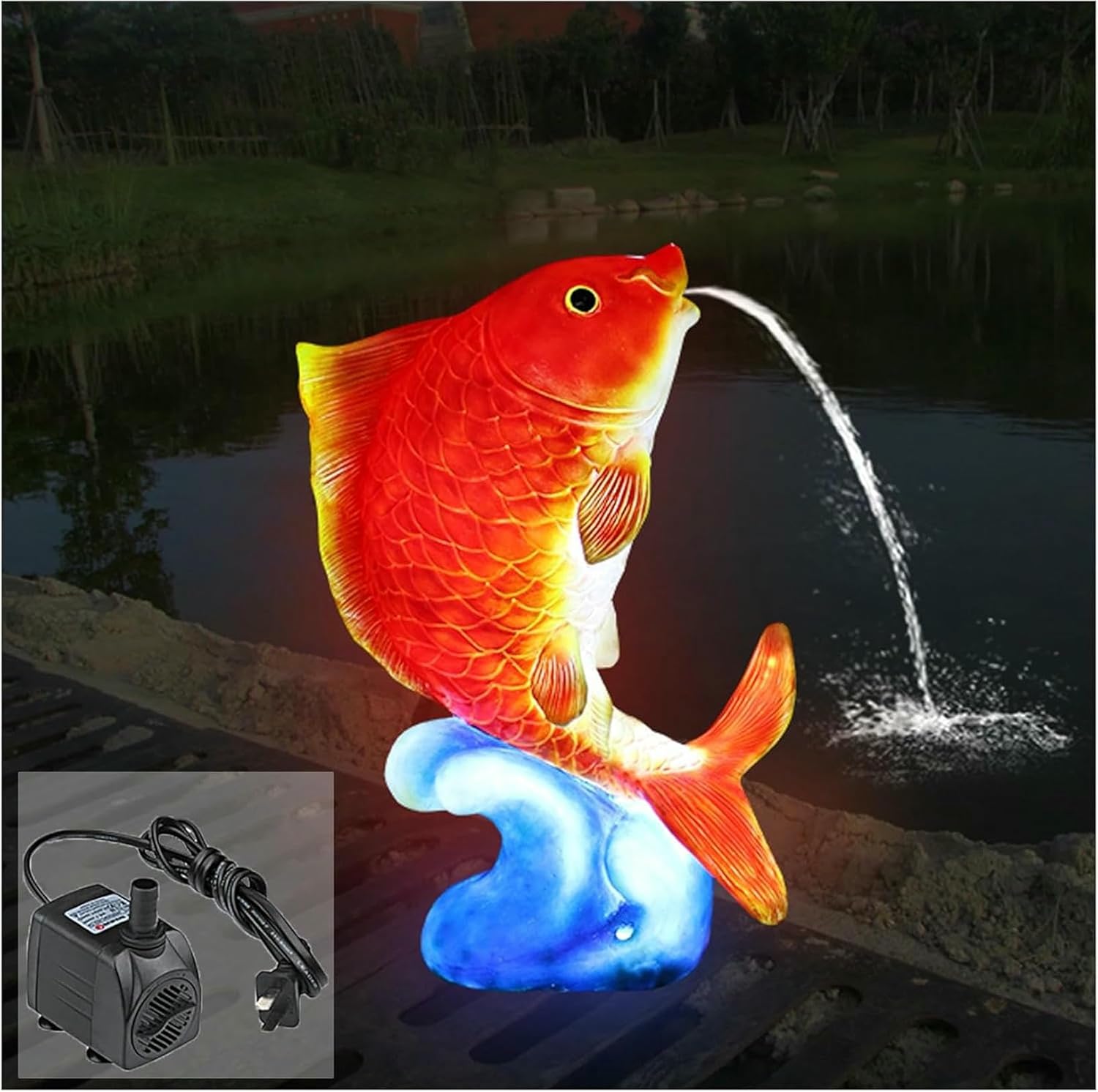 Koi Pond Spitter Glow at Night, Above Ground Pool spitters with with Light Strip, Koi Fish Fountain Spitter, Garden Decor Painted Koi Sculpture, for Water Gardens