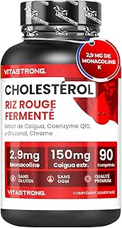 Complément Métabolisme CHOLESTÉROL - Levure de Riz Rouge Cholestérol, Caigua, γ-Oryzanol, Policosanol, Coenzyme Q10 et Chrome - 90 Comprimés - Qualité Vitastrong
