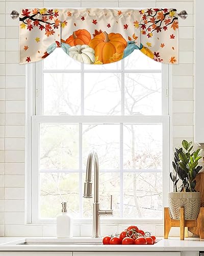 Miniatura 4 de ALAGEO Cenefas de cocina de otoño para ventanas, cenefa de cortina de calabaza de cosecha, cenefa de ventana de hojas de arce de otoño, cenefa