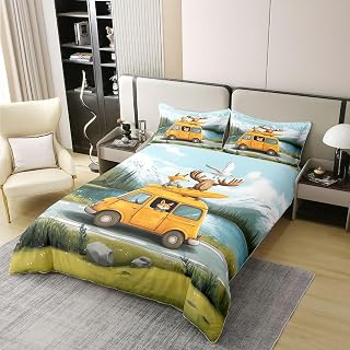 Camper Camp Duvet Cover Set Full Size 100% Cotton,RV Trailer Adventure Fox Wildlife Bedding Set,Pine Mountain Lake Farmhouse Girls Boys Room Decor,Rustic Green Quilt Cover,2 Pillowcases(No Filler)
