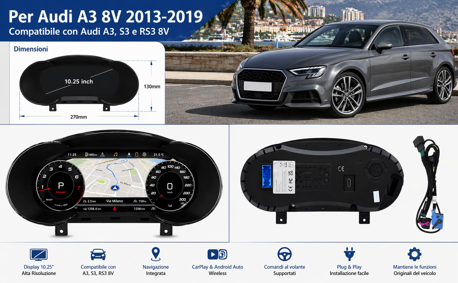 VIBEX Tachimetro Digitale 10,25 per Audi A3, S3, RS3 8V 2013-2019 |Virtual Cockpit LCD Full HD | Apple CarPlay Android Auto Wireless | Navigazione GPS | Plug & Play | Comandi al Volante |