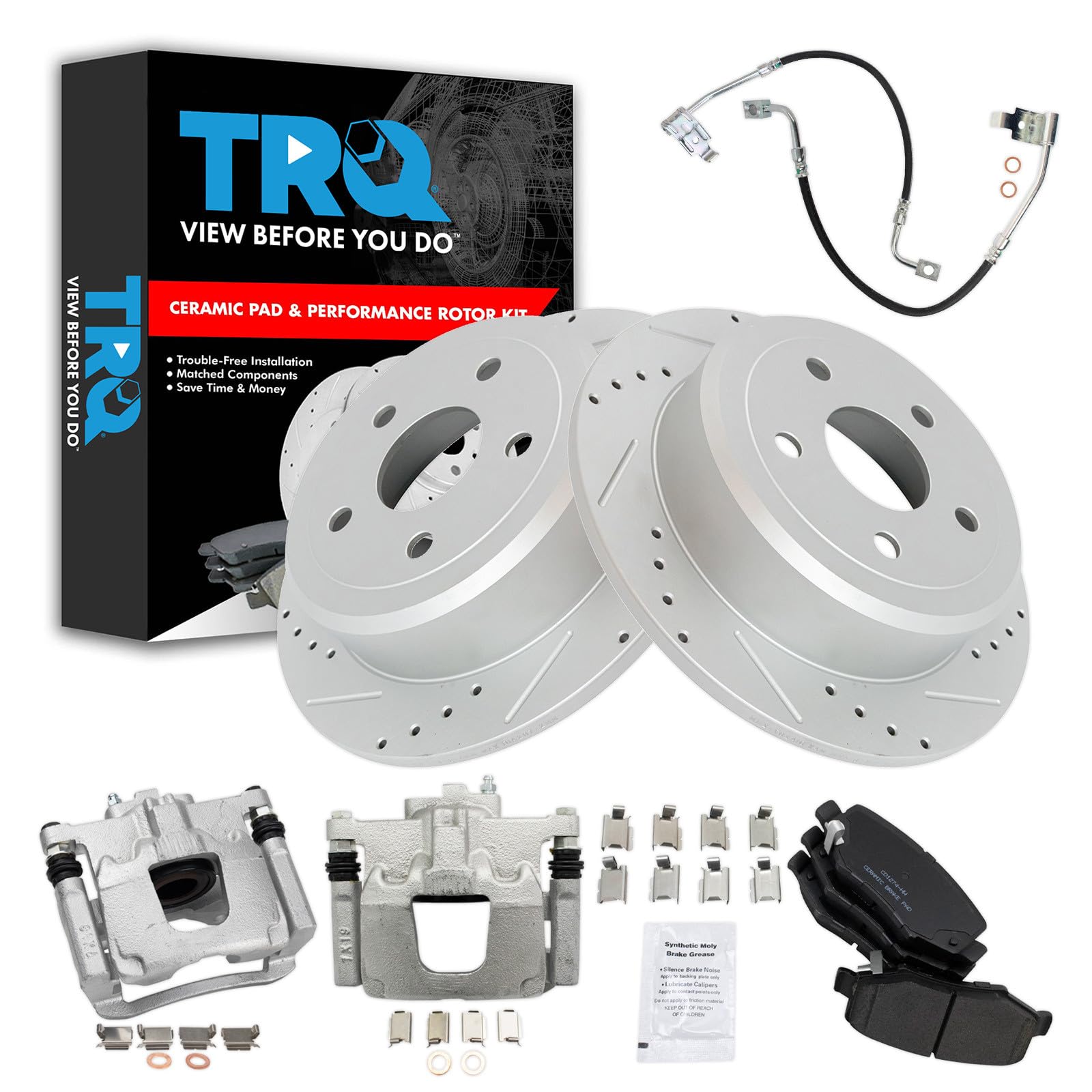 TRQ Performance Rear Brake Pad and Rotor Set Ceramic Drilled Slotted Rotors Calipers Hoses Compatible with 2008-2012 Jeep Wrangler