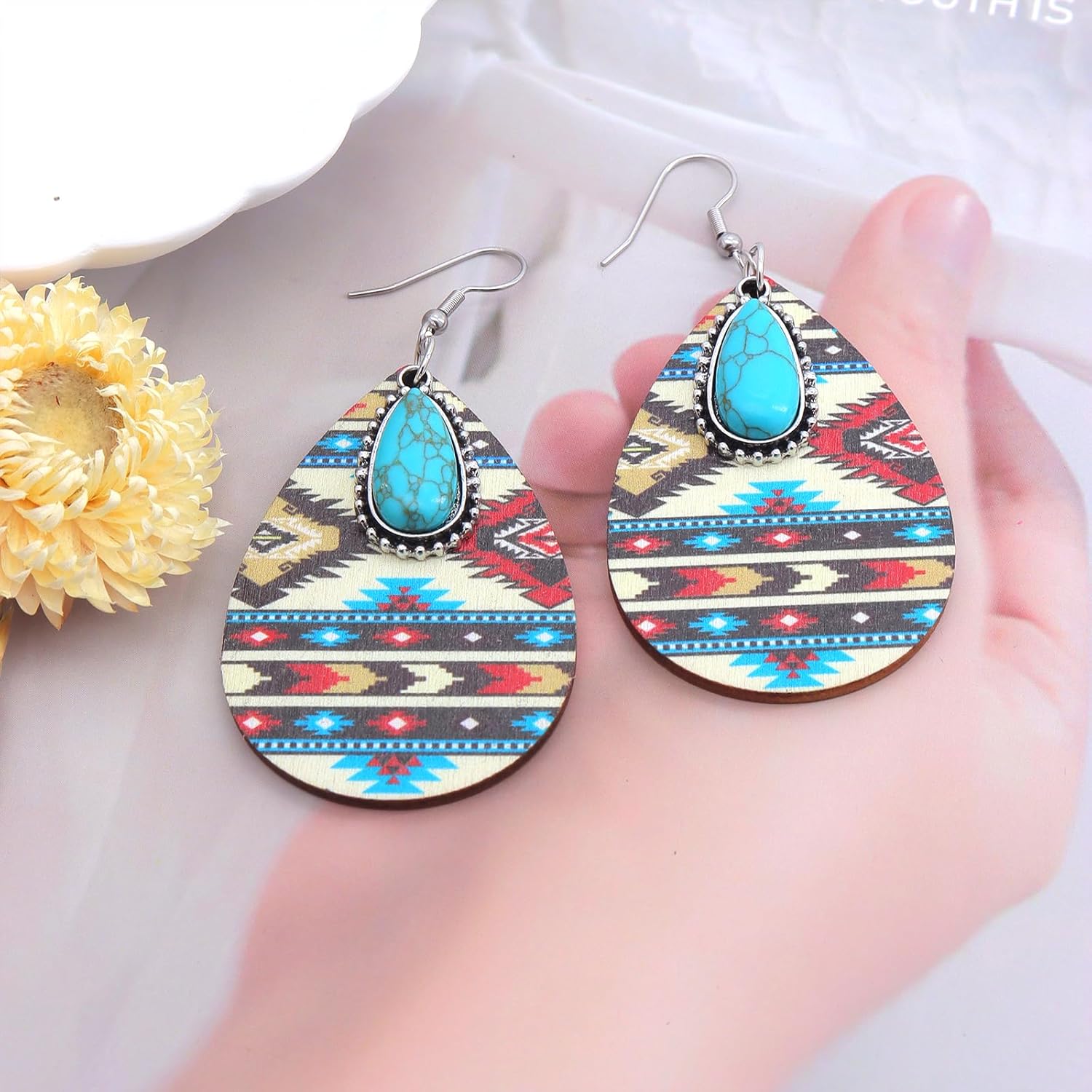 Native American Turquoise Dangle Earrings for Women Bohemia Natural Stone Teardrop Wooden Hook Earring Vintage Western Aztec Earrings Holiday Jewelry - Image 4