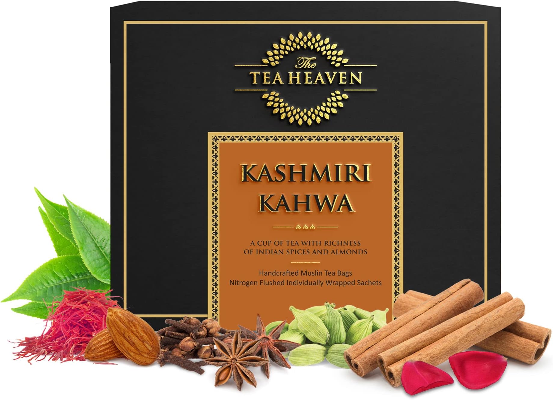 The Tea Heaven Kashmiri Kahwa Tea Bags, Premium Kashmiri Chai with 6 Natural Ingredients, Low-Caffeine Spiced Green Tea, Chai Tea Leaves for Hot or Cold Brewing, 16 Tea bags