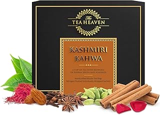 The Tea Heaven Kashmiri Kahwa Tea Bags (16 Muslin Tea Bags) 100% Natural Strong & Spicy Blend of Saffron, Rose petals, Cinnamon, Cardamom, and Cloves