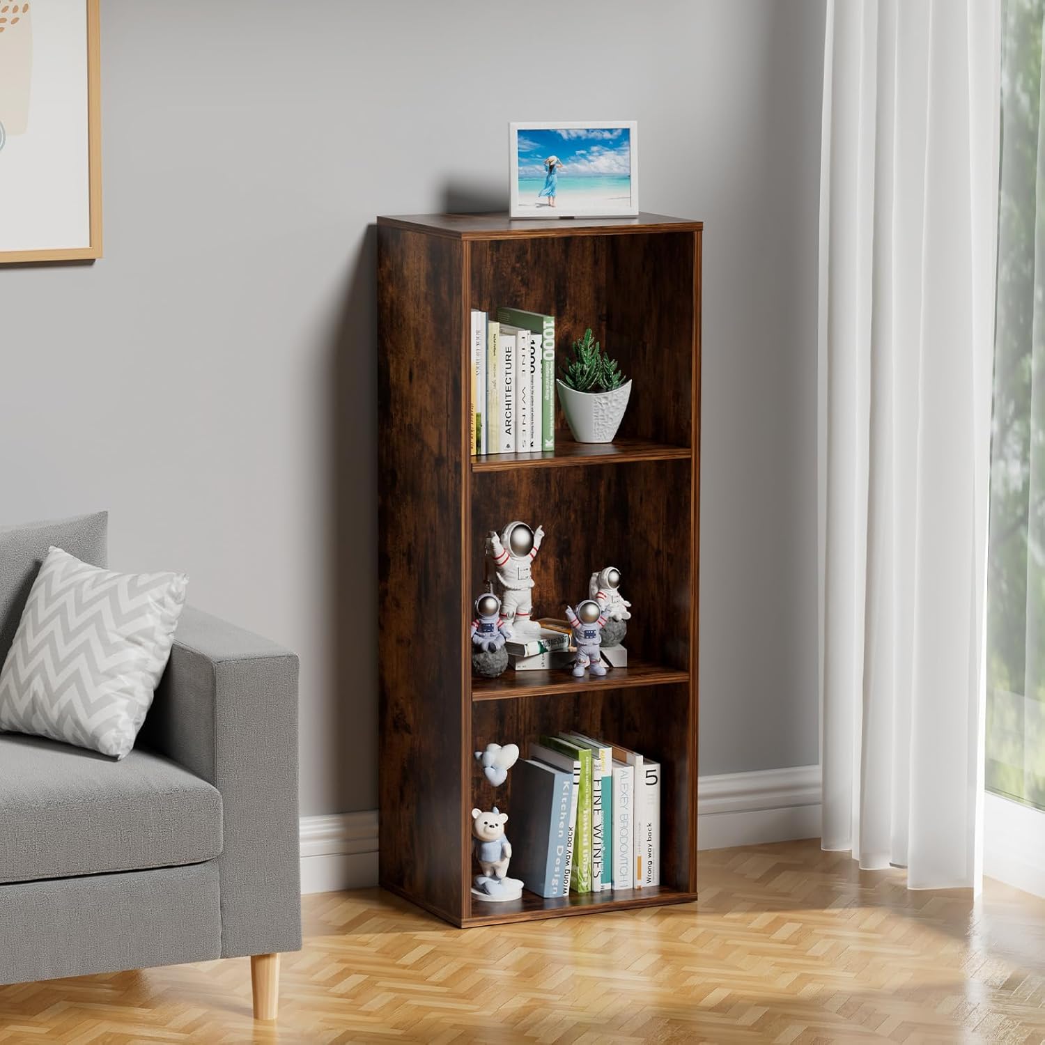 3 Tier Bookshelf, Narrow Bookcase for Small Spaces, Wooden Book Case Bookshelves Storage Organizer for Bedroom Living Room Home Office (Retro Brown, 3 Cube)
