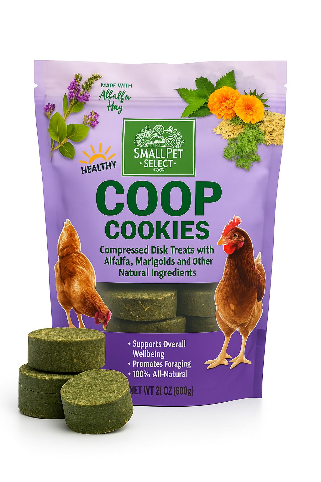 Small Pet Select Coop Cookies Premium Poultry Treats, Natural Alfalfa and Marigold Blend, Hard-Pressed Discs for Foraging, 600g Resealable Pouch