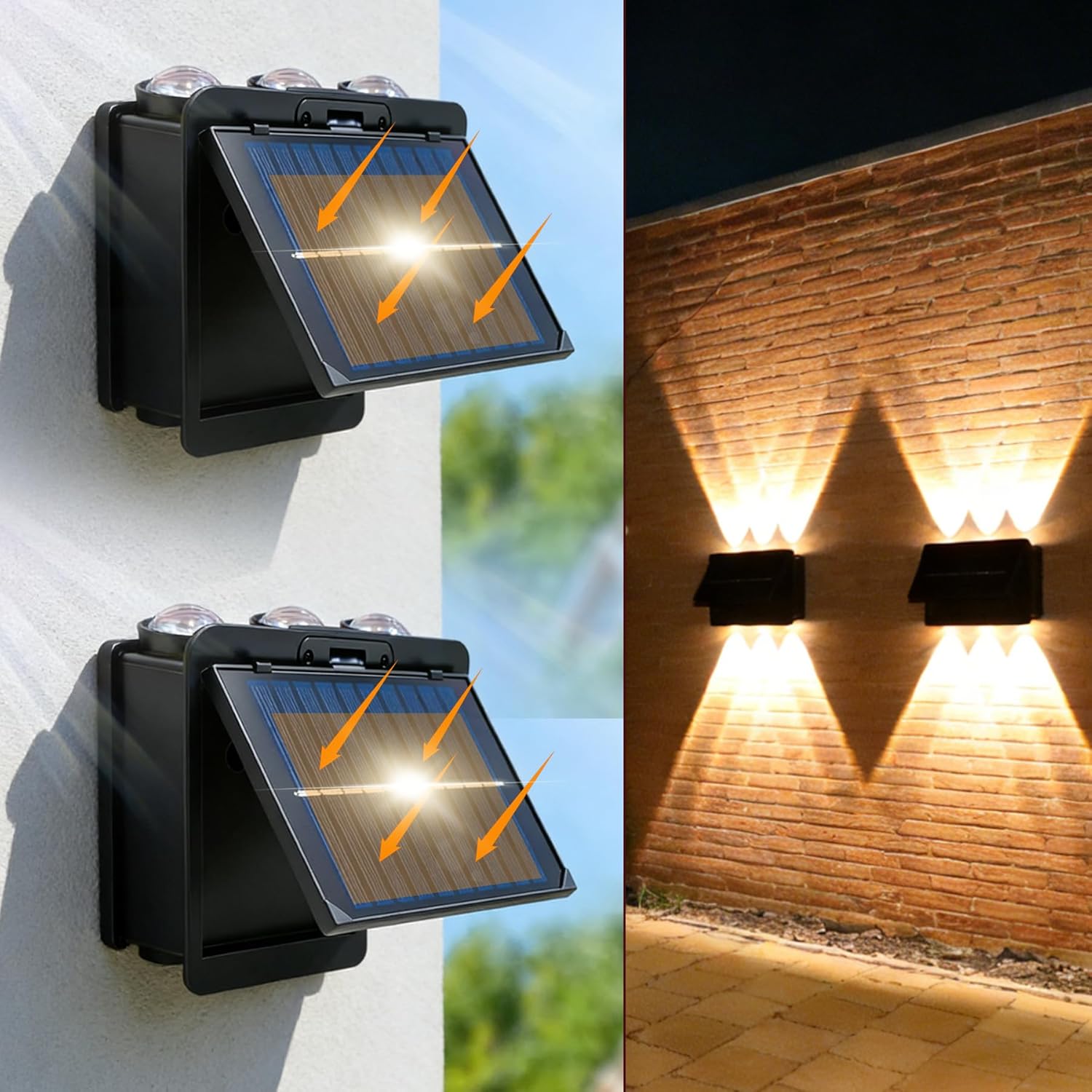 2PCS Up Down Solar Wall Lights Outdoor Adjustable PV Panel 3000K Warm White LED 6 Bulbs Up and Down Lamp Bright Wall Light for Patio Cafe Bar Exterior Wall Garage Garden Yard