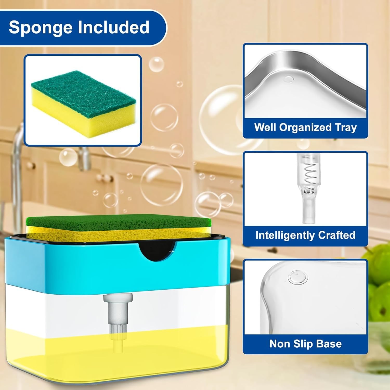 2 in 1 Soap Dispenser for Bathroom Accessories Dishwasher Liquid Holder Liquid Dispenser Pump 400 ML with Sponge Holder Kitchen Sink Accessories Items (Blue) 3