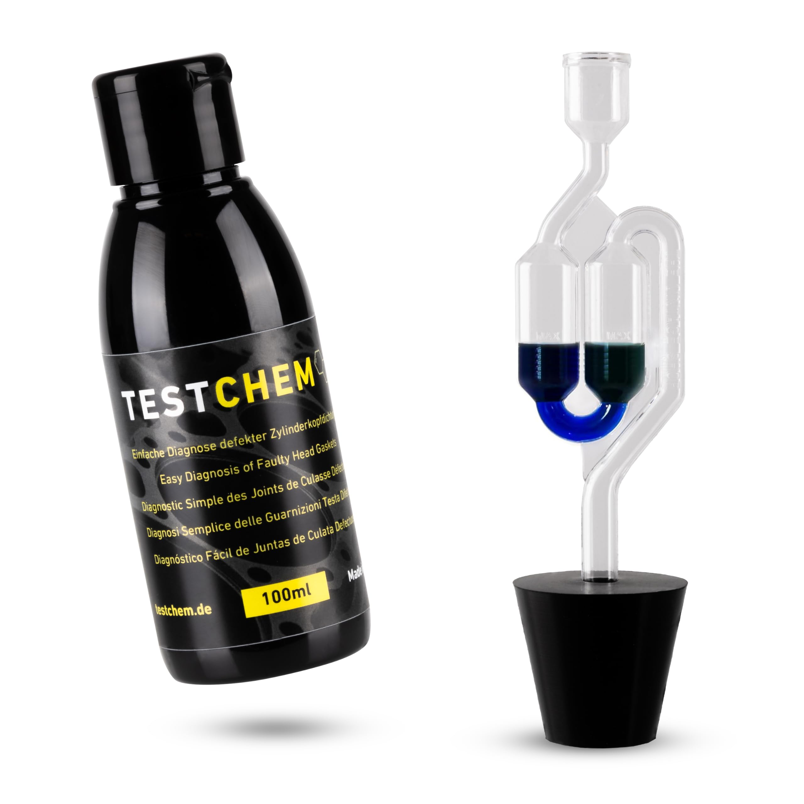 STEEL SEAL TESTCHEM Tester uszczelki głowicy cylindra CO2 do wody chłodzącej 100 ml – system chłodzenia, test spalin – zestaw testowy do testowania szczelności głowicy przed użyciem, uniwersalny do