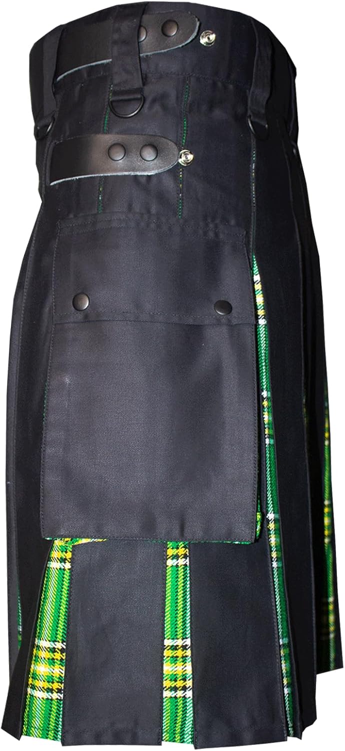 Modern Utility Kilts-Men'sScottish Hybrid Black Cotton & Acrylic Wool Tartan Utility Kilts with Leather Straps
