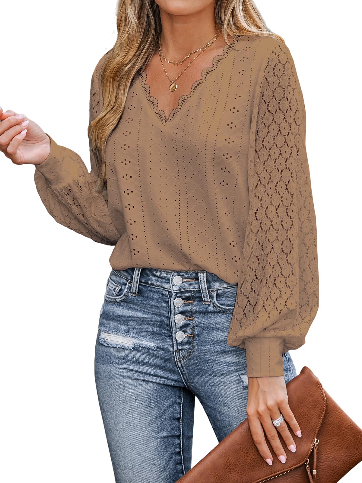 CUPSHE Damen Blusen V-Ausschnitt Spitzen Wellenkante Puffärmel Langarmshirt Lässige Lace Oberteile Tunika Bluse Tops
