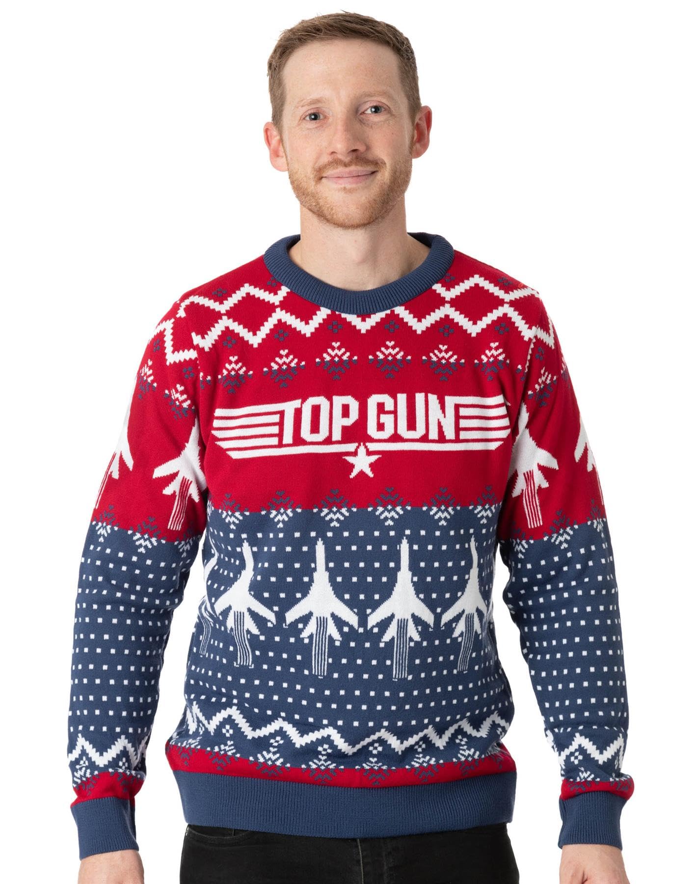 Top Gun Adults Christmas Jumper | Mens Ladies Fighter Jet Plane Movie Logo Festive Navy Red Knitted Sweater | Xmas Gifts for Him Her XXL
