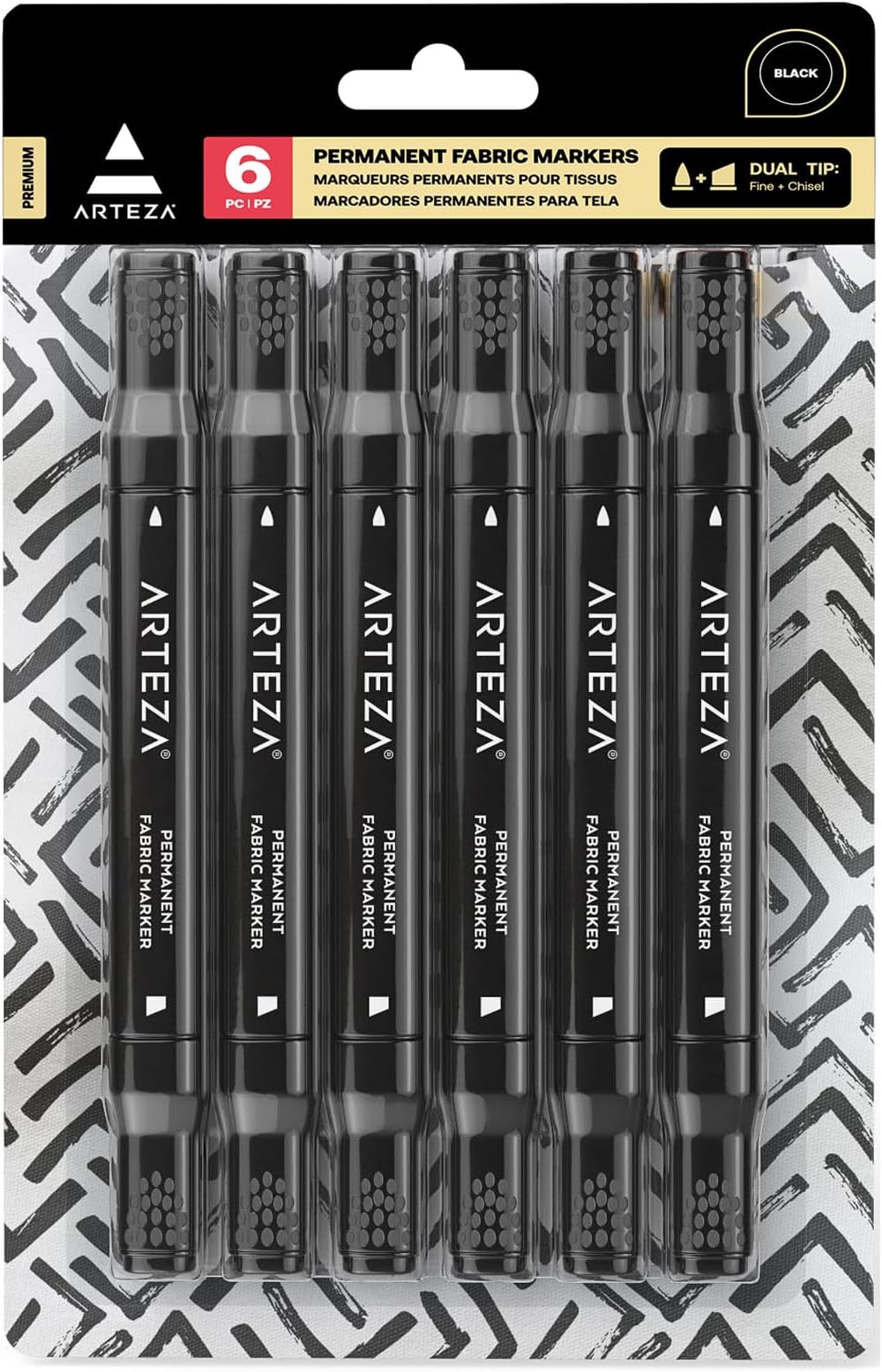 ARTEZA Black Fabric Markers, Set of 6, Dual-Tip Permanent Laundry Pen Set, Art Supplies to Create Fade-Proof Designs on Shirts, Shoes & Canvas