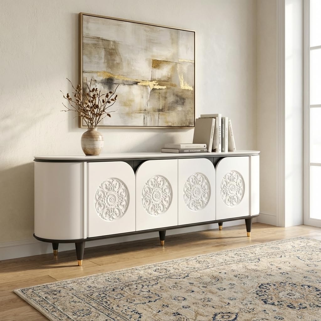 Heera Moti Meta Sideboard for Living Room, White and Black, MDF Board, 4-Door Storage Cabinet with Sculpted Circular Detailing and Gold Accents-image-11