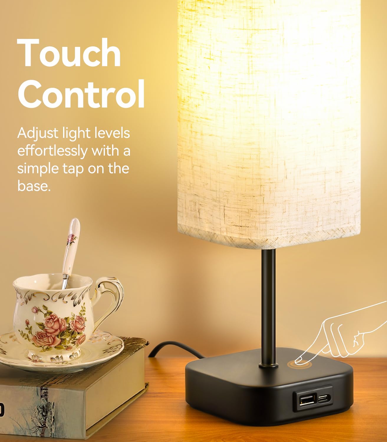 Table-Lamp-Bedside-Touch-Control-Dimmable-Charging-Rechargeable USB A+C Charger Ports 3-Way Dimmer Linen Fabric Shade Lamps LED Tables Lampe Reading Night Modern Lights Bedroom Living Bed Side Lounge - Image 2