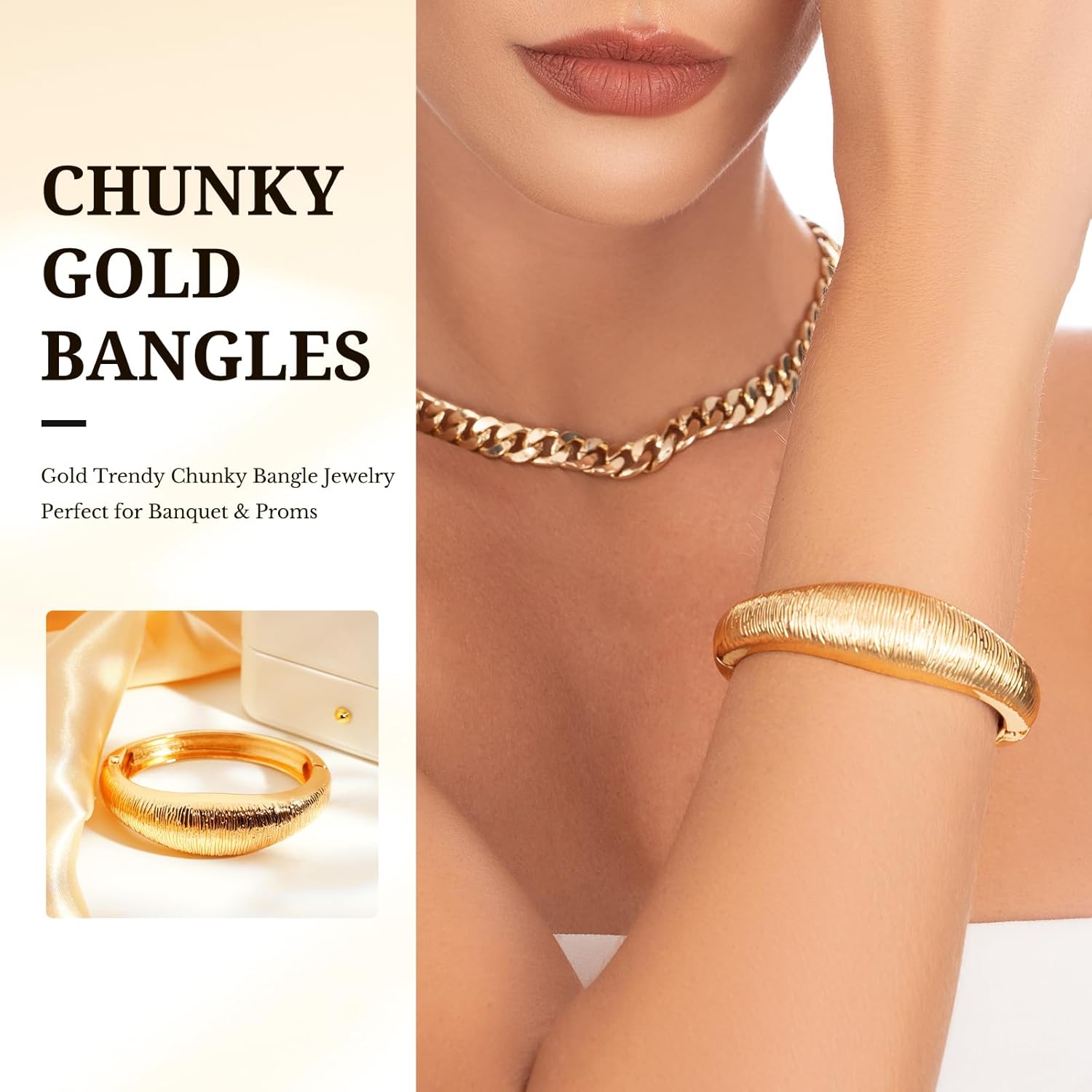 Fashion this season F&S Trendy Elegant Gold Bangles and Bracelets for Women, 2026 New Chunky Thick Wide Wrist Cuff, Textured Stackable Non-Tarnishing Bangle, Trendy Statement Cuff Bracelet Stack Fashion Jewelry Valentine's Day Gifts - Image 3