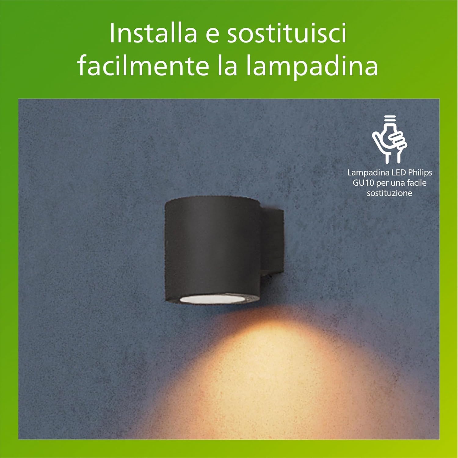 Philips Fylx Applique da Esterni + Lampadina LED GU10, Luce Bianca Calda, Resistente a Intemperie IP44, Durevole, Alluminio, Design Moderno, Nero